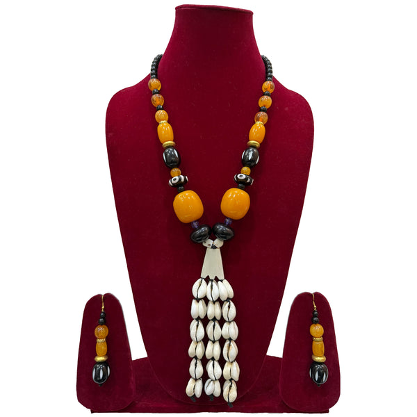 Purple and White Tribal-Inspired Beaded Necklace with Earrings