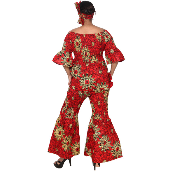 Women's Smocked Off Shoulder Peplum Top and Flare Pants Set -- FI-4043