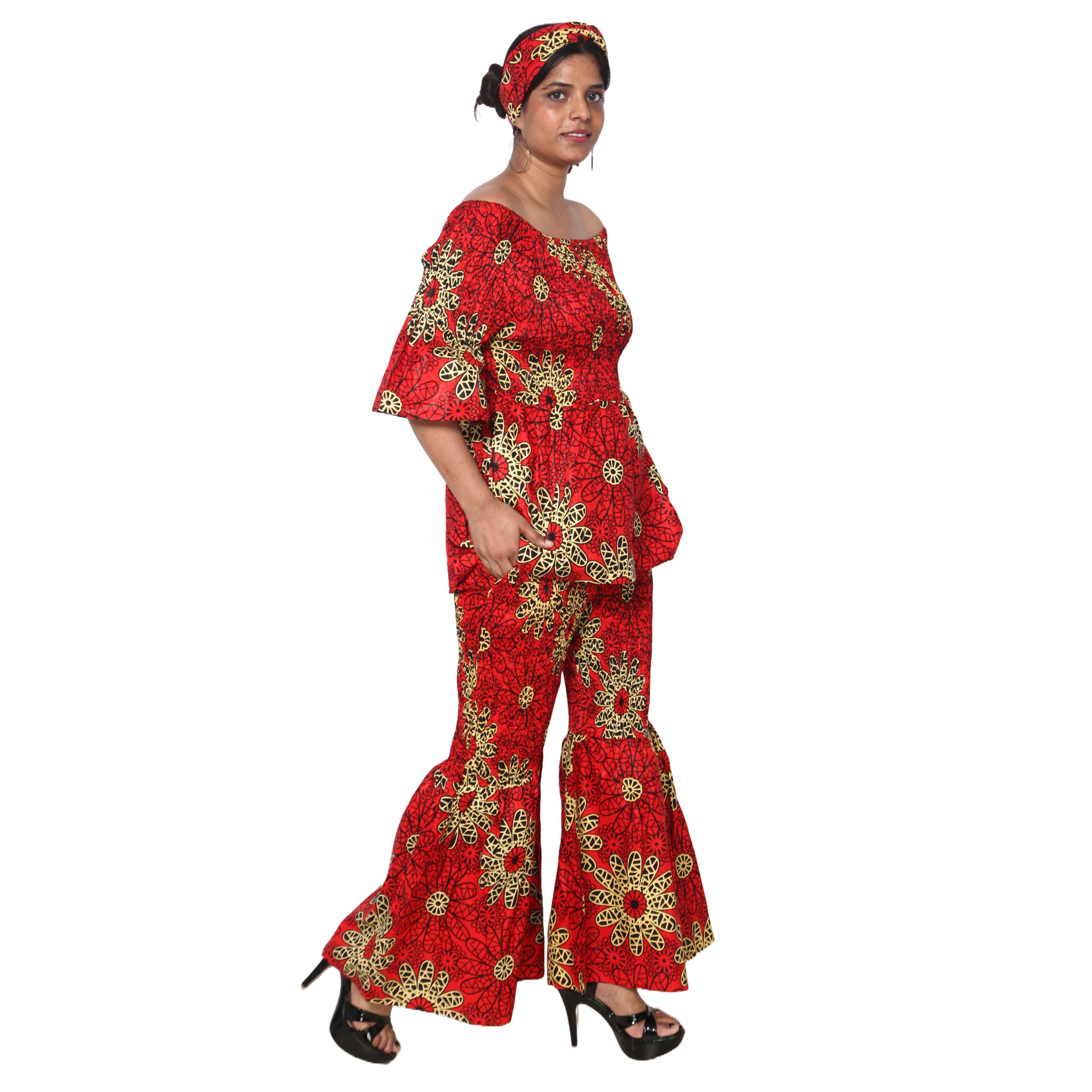 Women's Smocked Off Shoulder Peplum Top and Flare Pants Set -- FI-4043