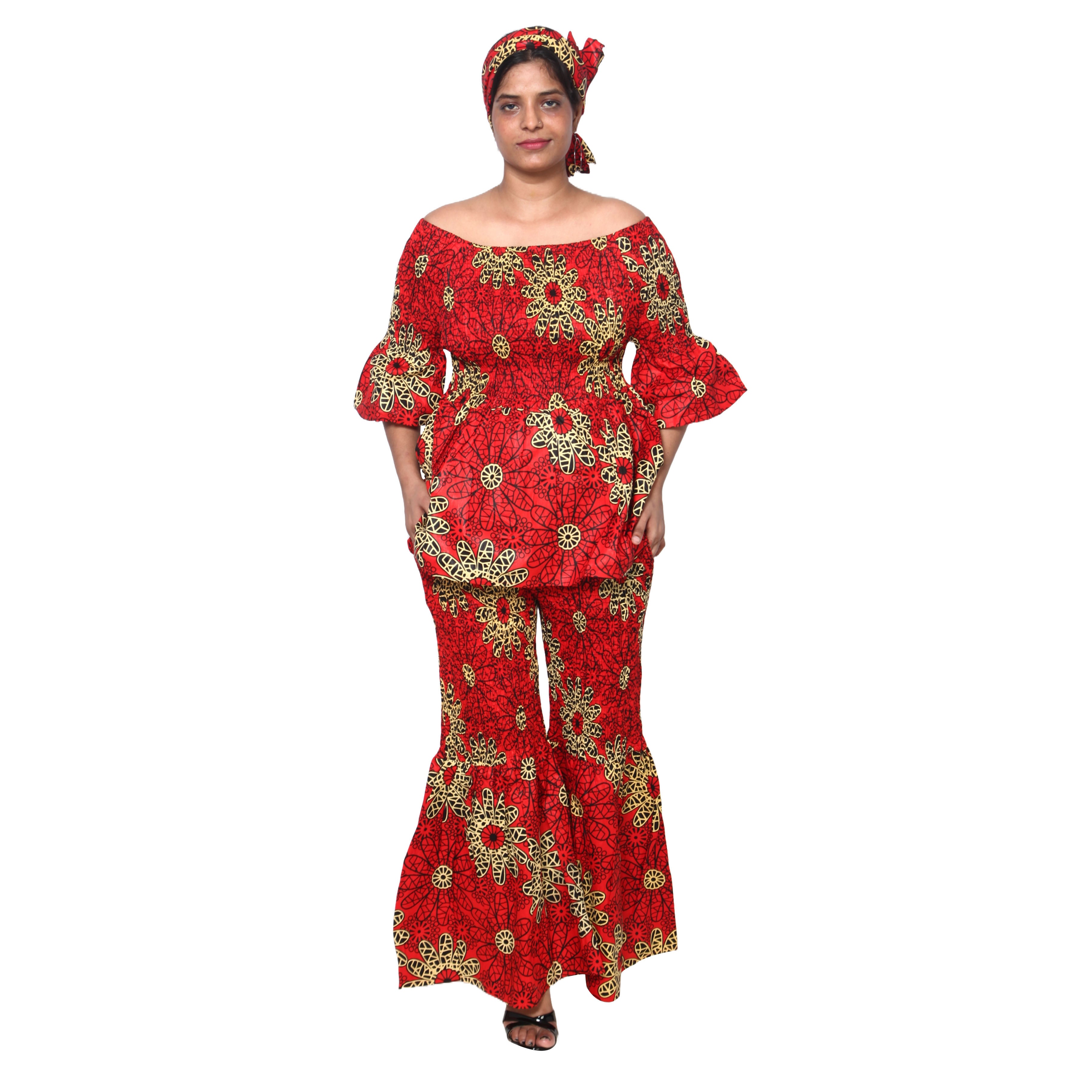 Women's Smocked Off Shoulder Peplum Top and Flare Pants Set -- FI-4043