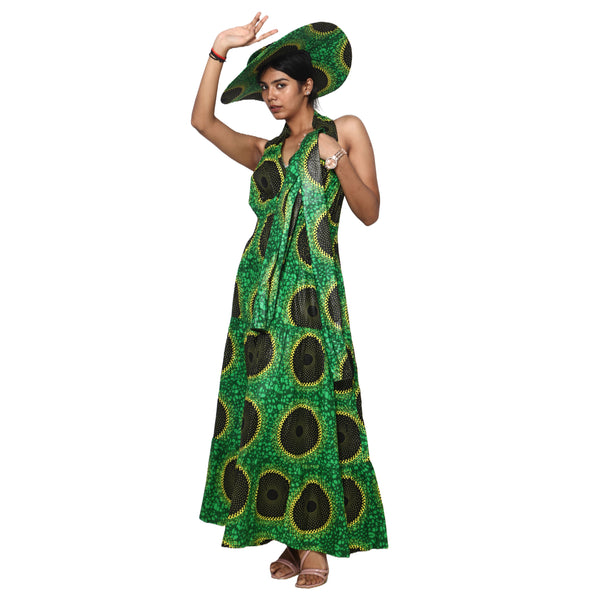 Women's 3 Button Sleeveless Halter Collar Maxi Dress With Hat -- FI-3028L