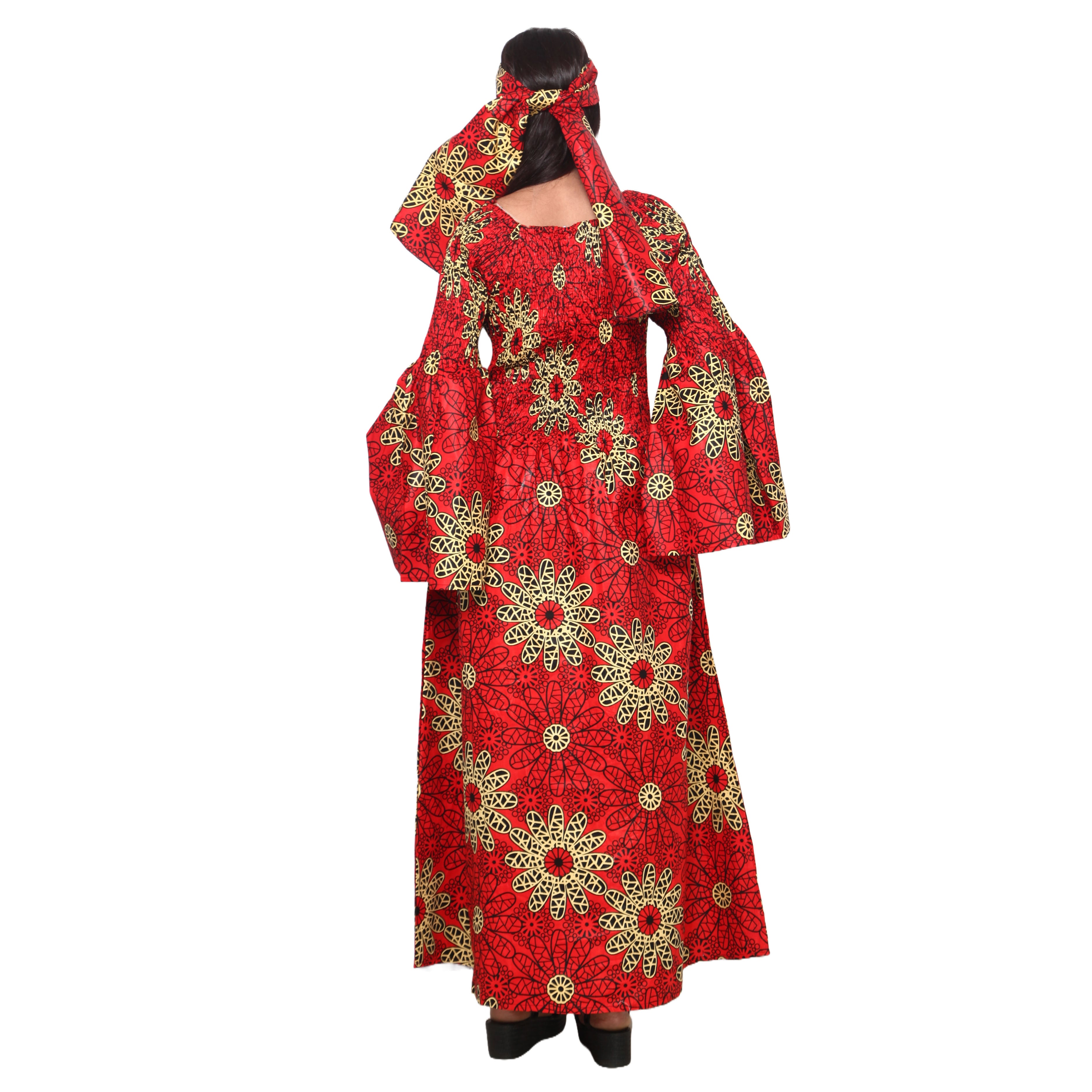 Women's Long Sleeve Smocking Maxi Dress with Bell Sleeves -- FI-50072