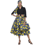 Women's African Print Midi Skirt with Tie Waist and Matching Headwrap -- FI-36P With Handbag