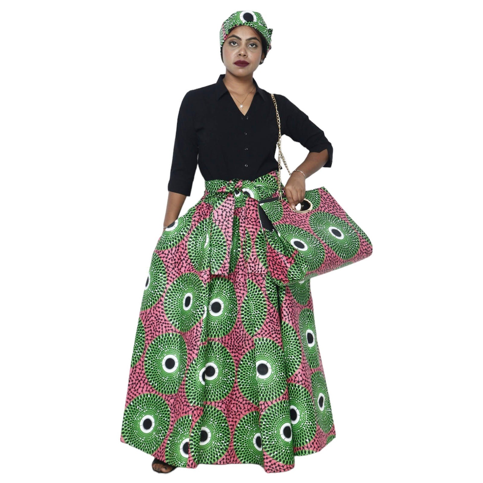 Women's Printed Tie Waist Maxi Skirt with Handbag - FI-32P