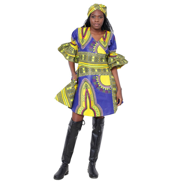 Women's Dashiki Wrap Short Dress with Frill Sleeves -- FI-D74