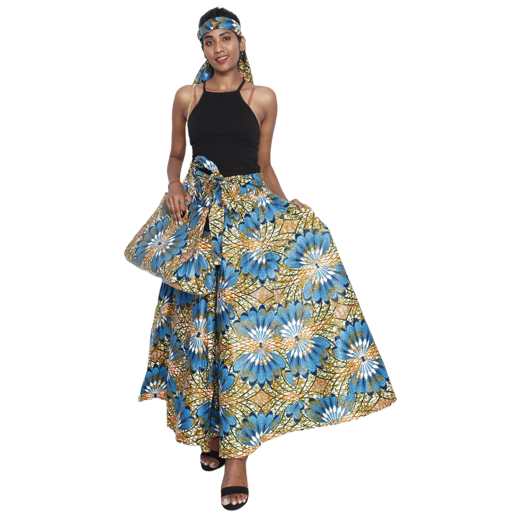 Women's Printed Tie Waist Maxi Skirt with Handbag - FI-32P