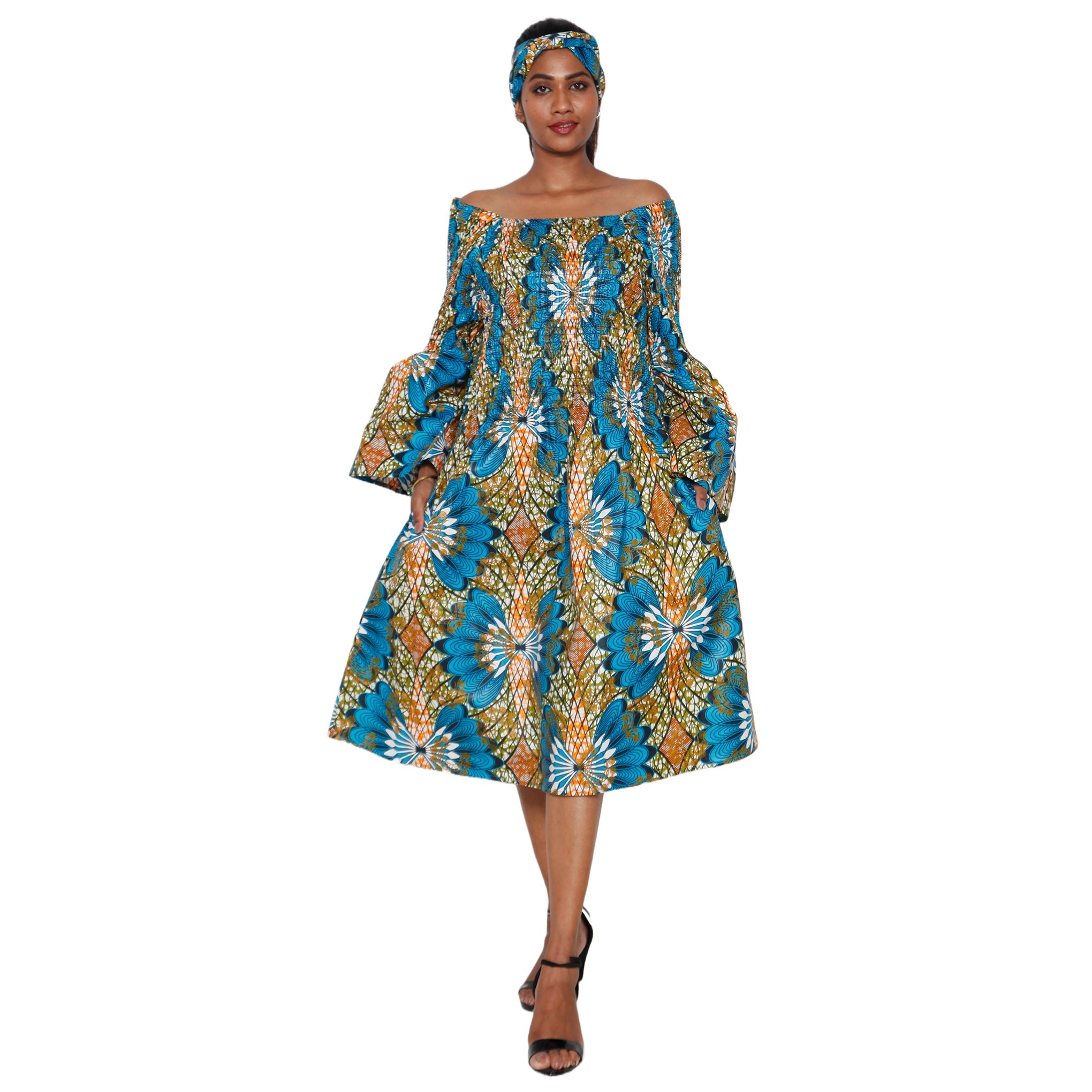 Women's Long Sleeve Smocking Short Dress with Bell Sleeves -- FI-50073