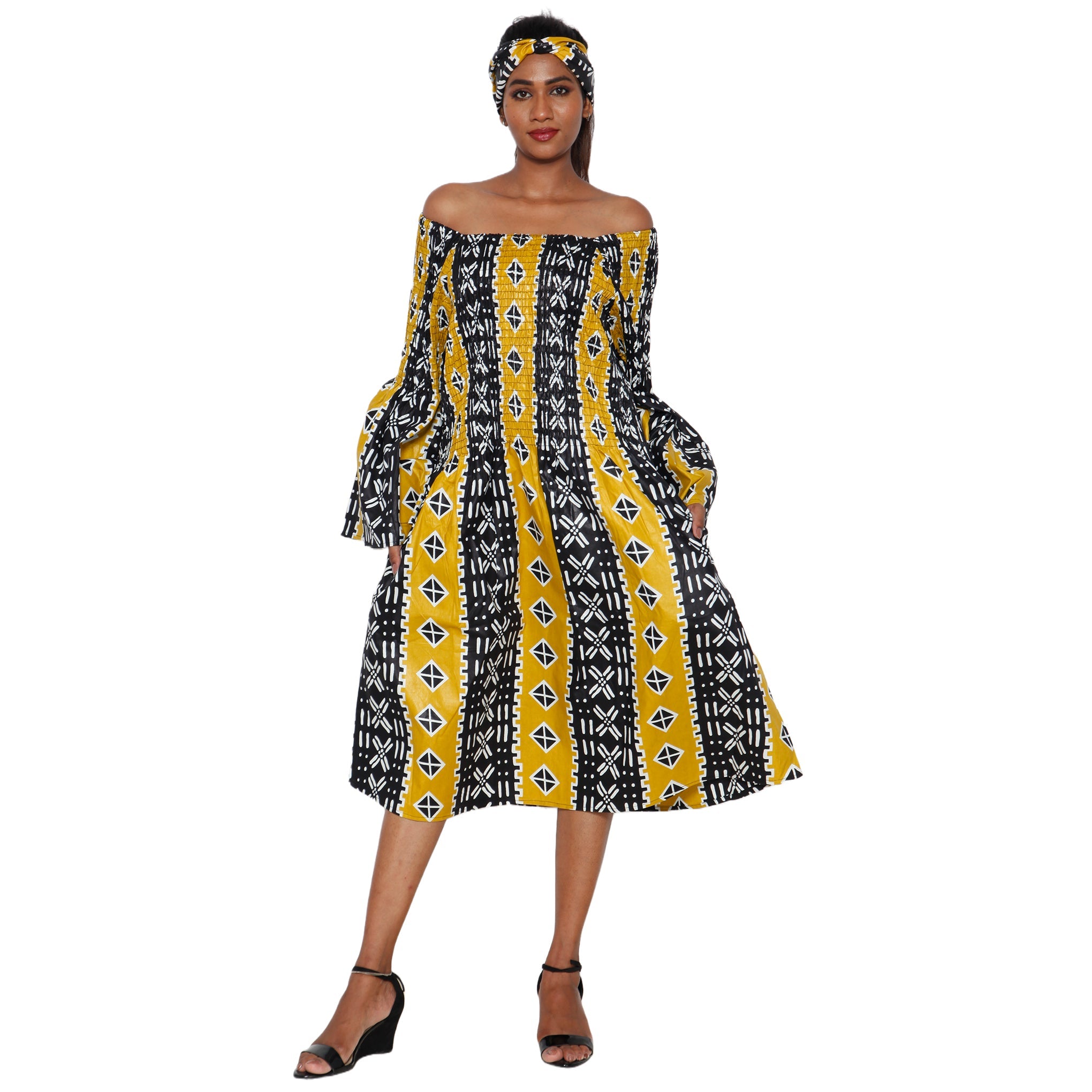 Women's Long Sleeve Smocking Short Dress with Bell Sleeves -- FI-50073