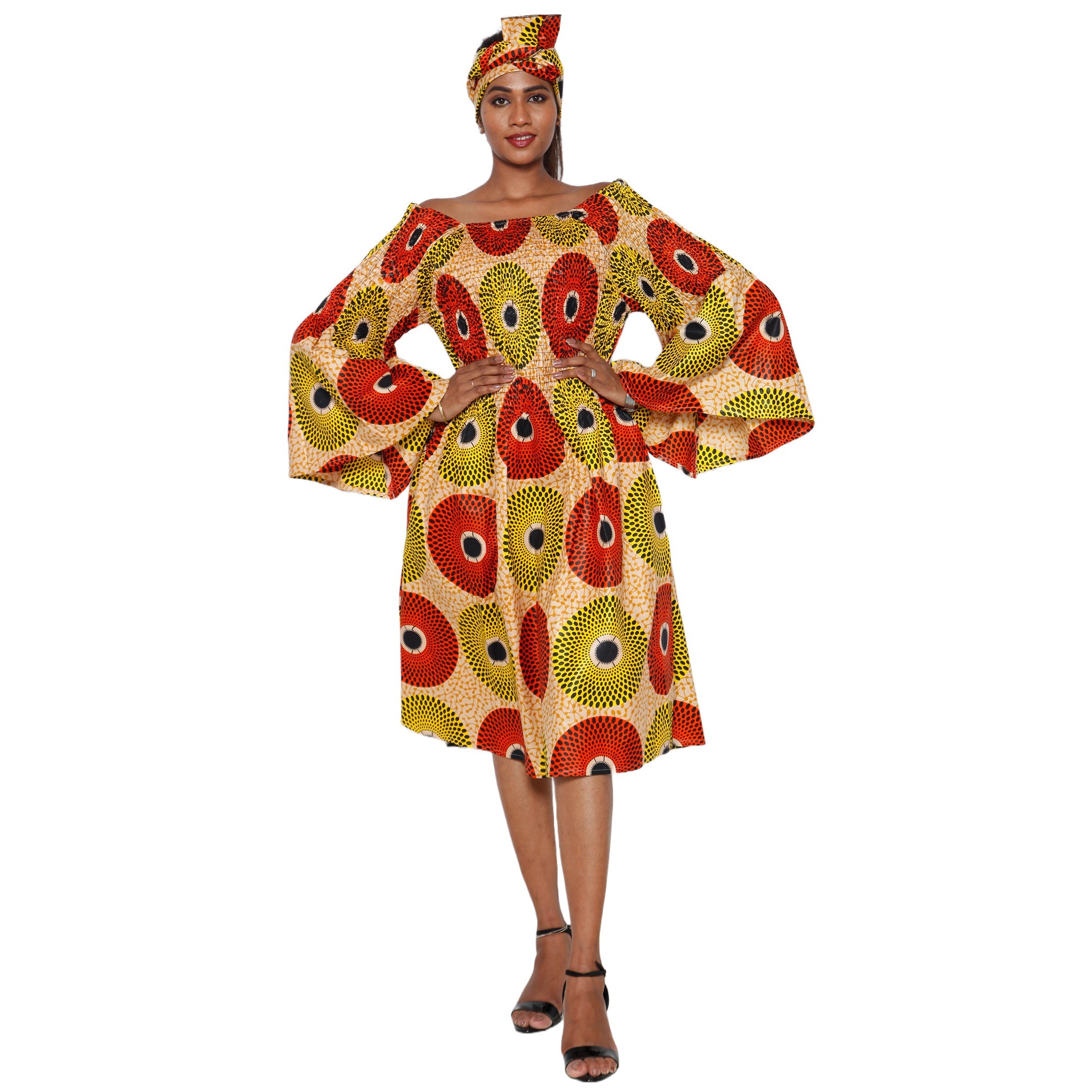 Women's Long Sleeve Smocking Short Dress with Bell Sleeves -- FI-50073