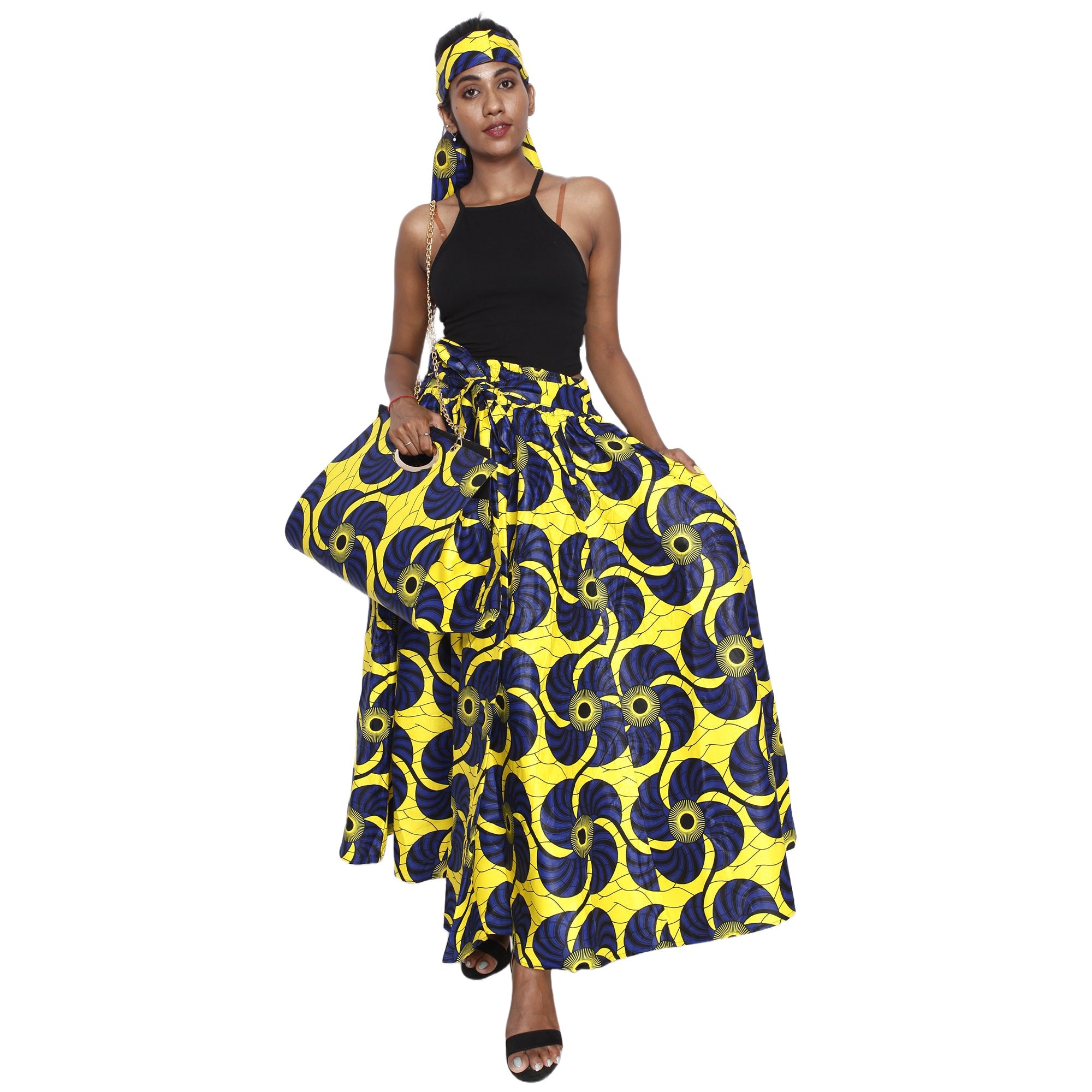 Women's Printed Tie Waist Maxi Skirt with Handbag - FI-32P