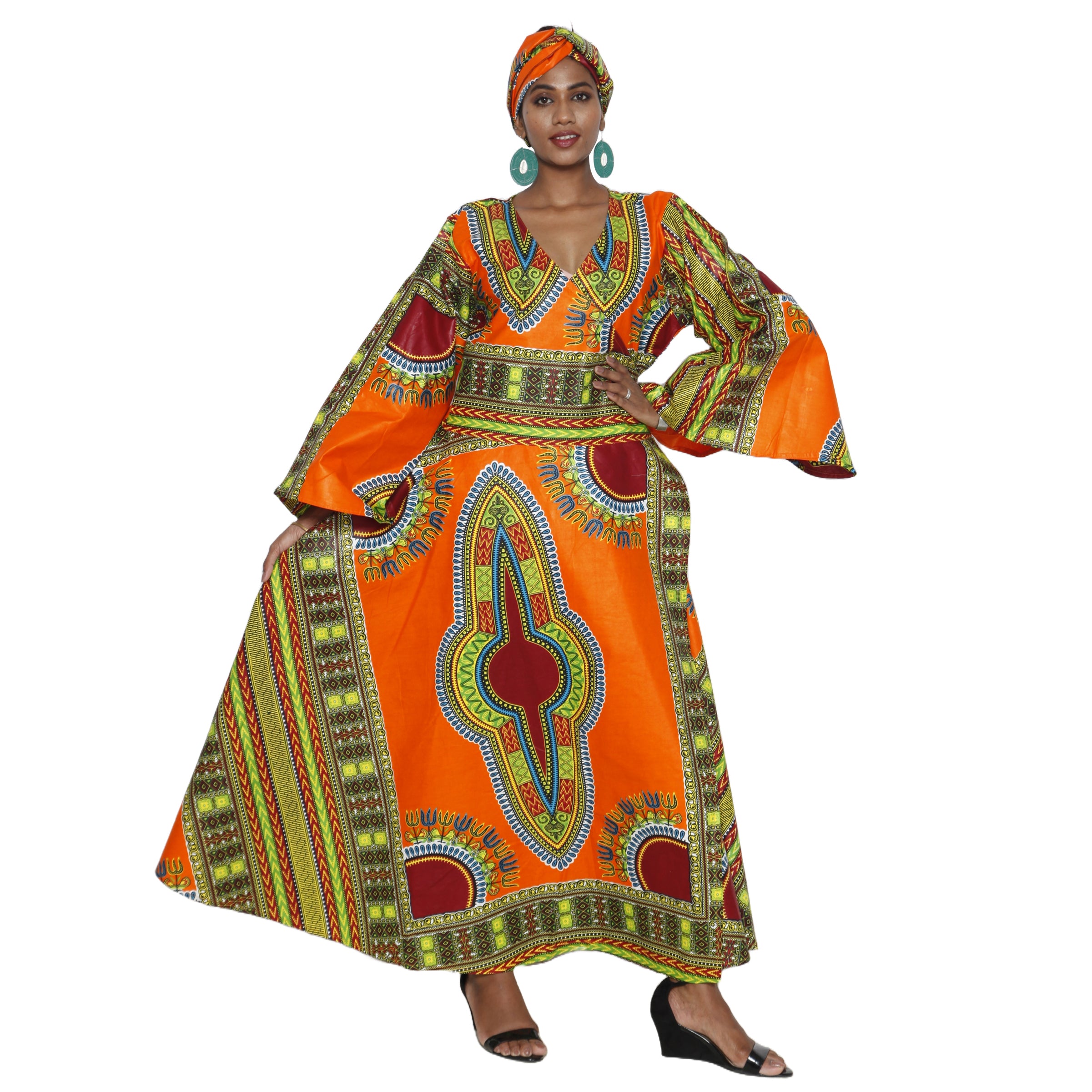 Women's Dashiki Long Sleeve Maxi Wrap Dress indian dress contrast