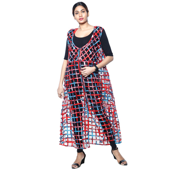 Women's Sleeveless Cage Duster red, blue and black