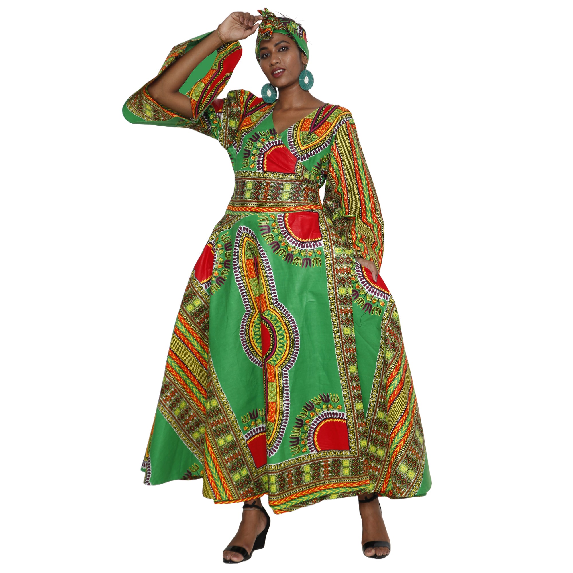 dashiki dress Women's Dashiki Long Sleeve Maxi Wrap Dress -- Fi-d56d