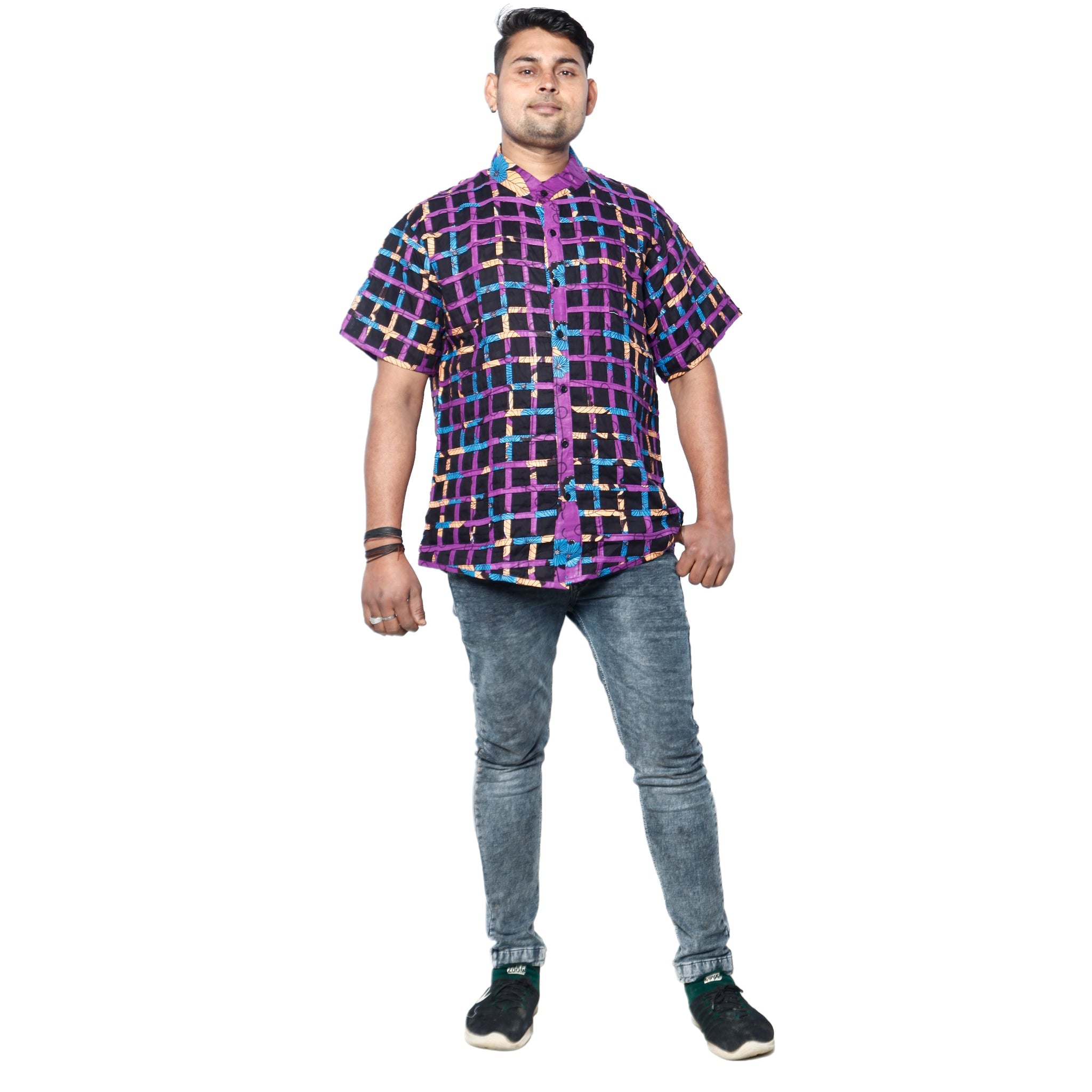 Men's Cage Duster Short Sleeve Shirt purple , blue and black