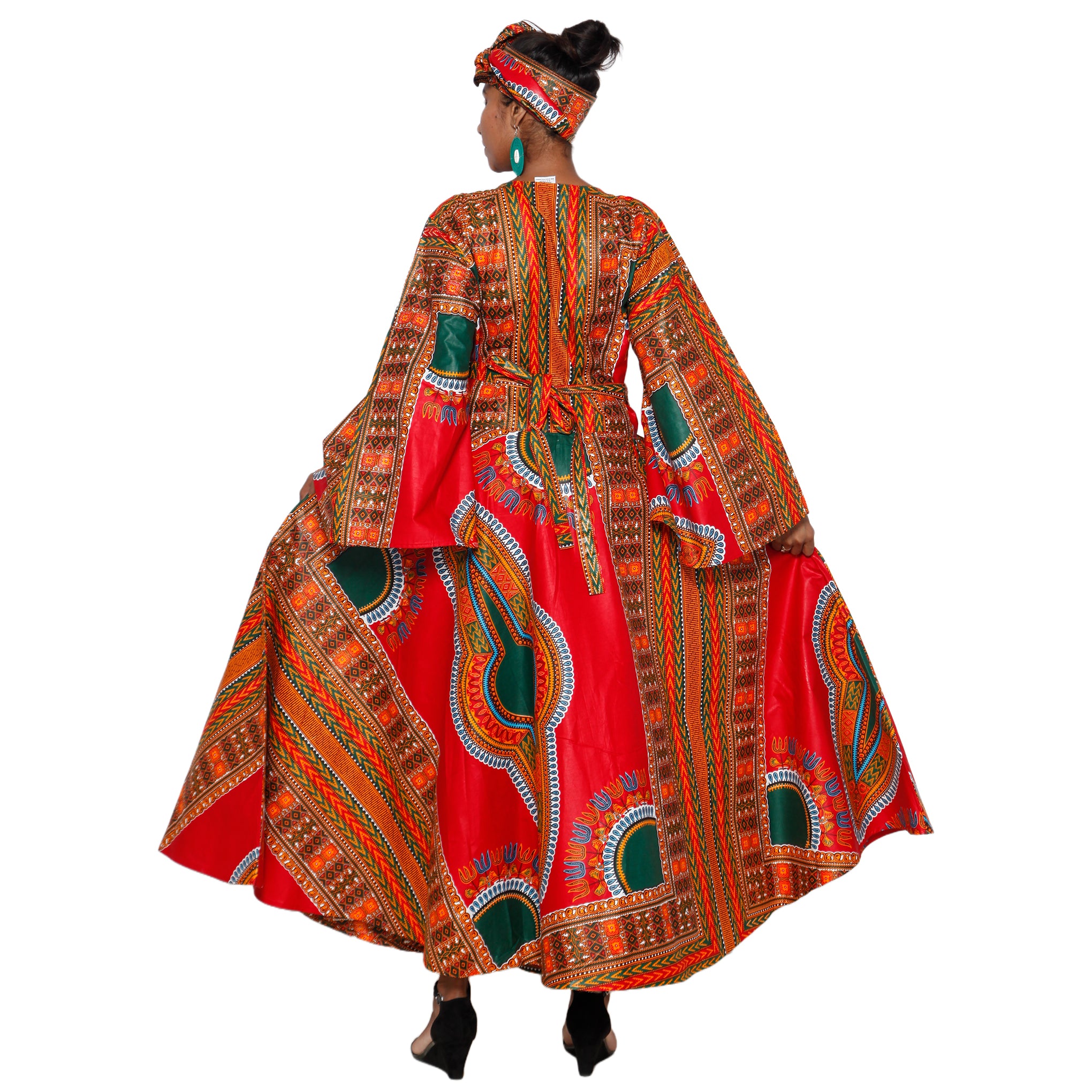 long sleeve dashiki dress African Print Ankara Black Dashiki Long Sleeve V-neck Cotton Midi Dress