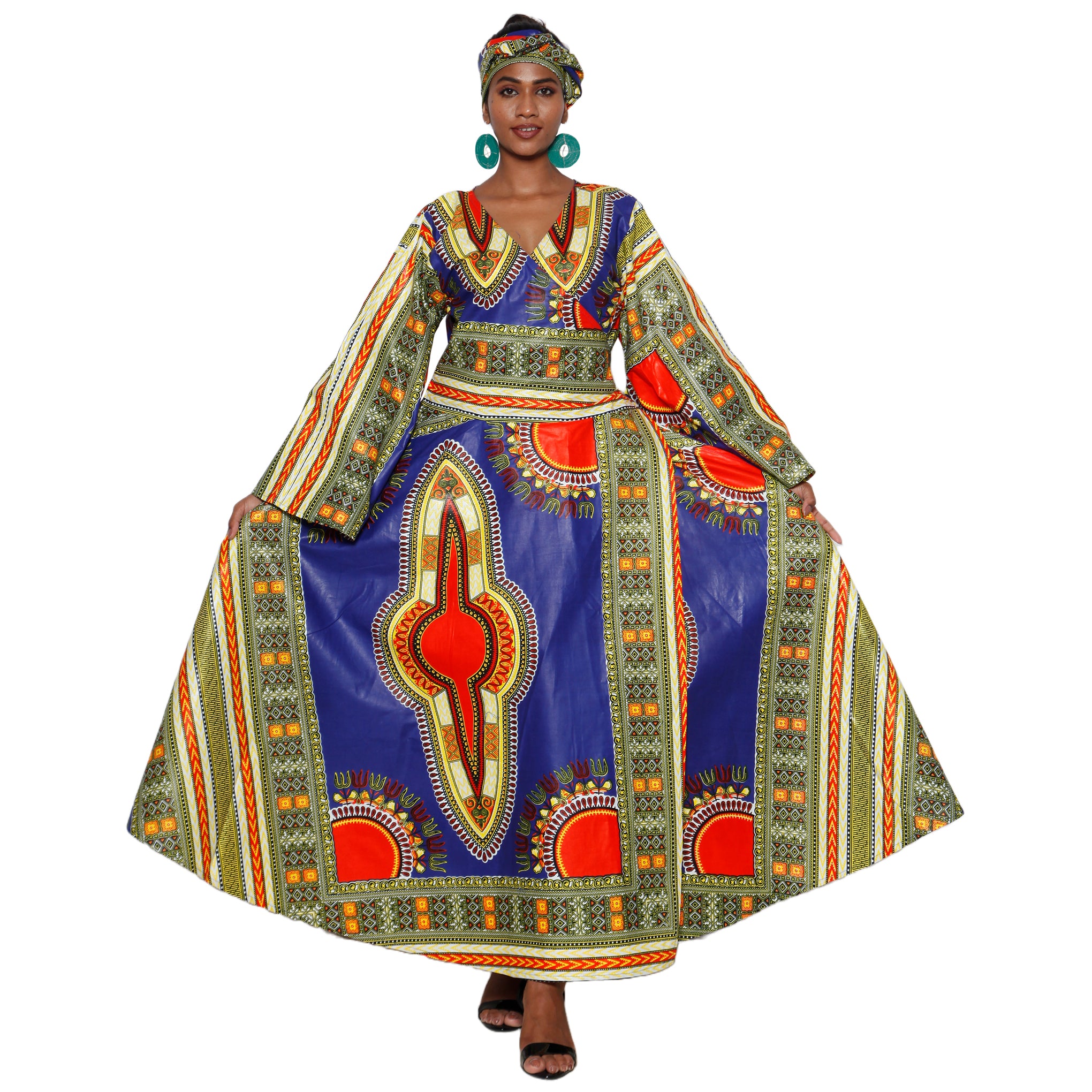 long sleeve dashiki dress Women's Dashiki Long Sleeve Maxi Wrap Dress