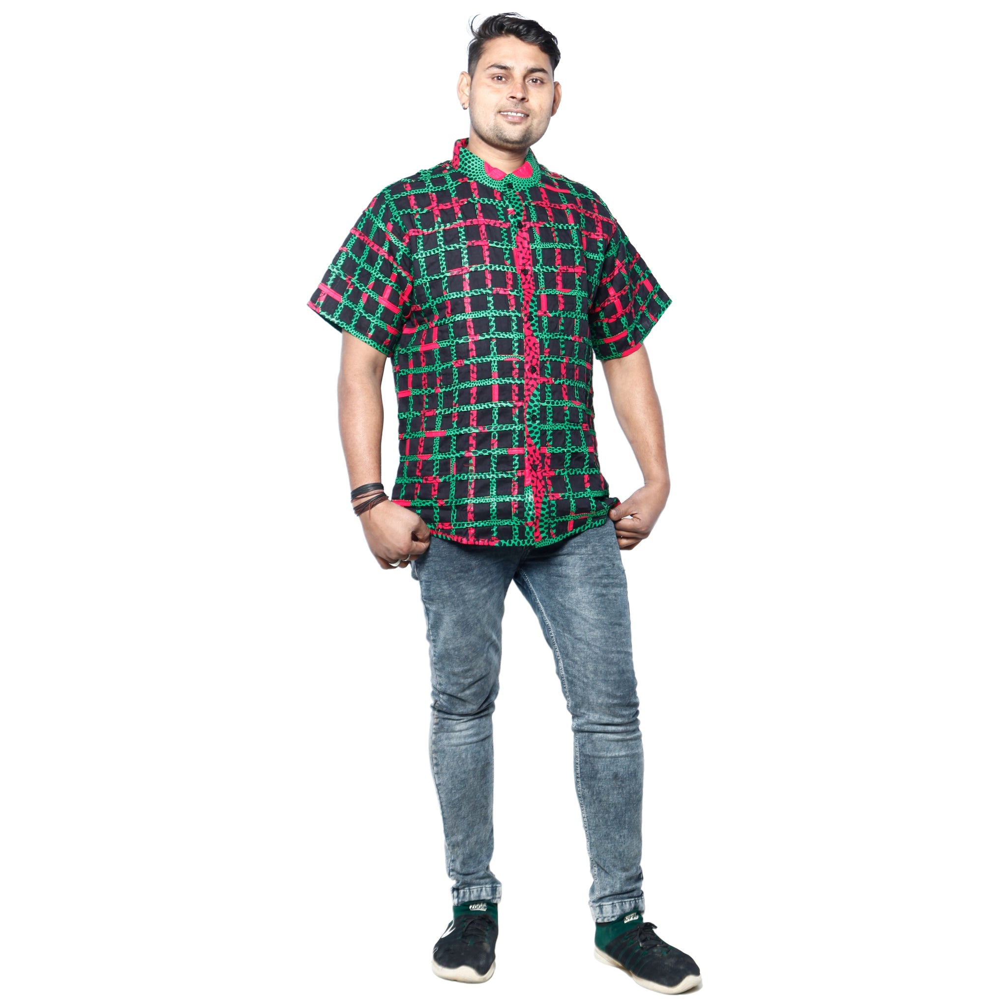 Men's Cage Duster Short Sleeve Shirt green, red and black