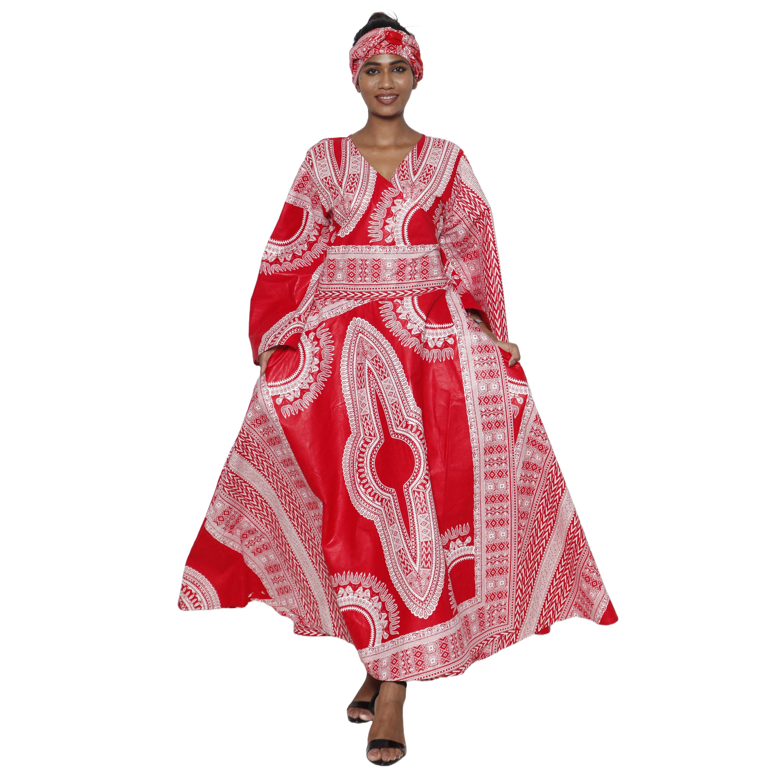 Women's Dashiki Long Sleeve Maxi Wrap Dress -- FI-D56D