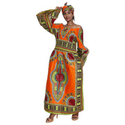 African Women's Dashiki Long Sleeve Maxi Dress with Smocking -- FI-5007FS