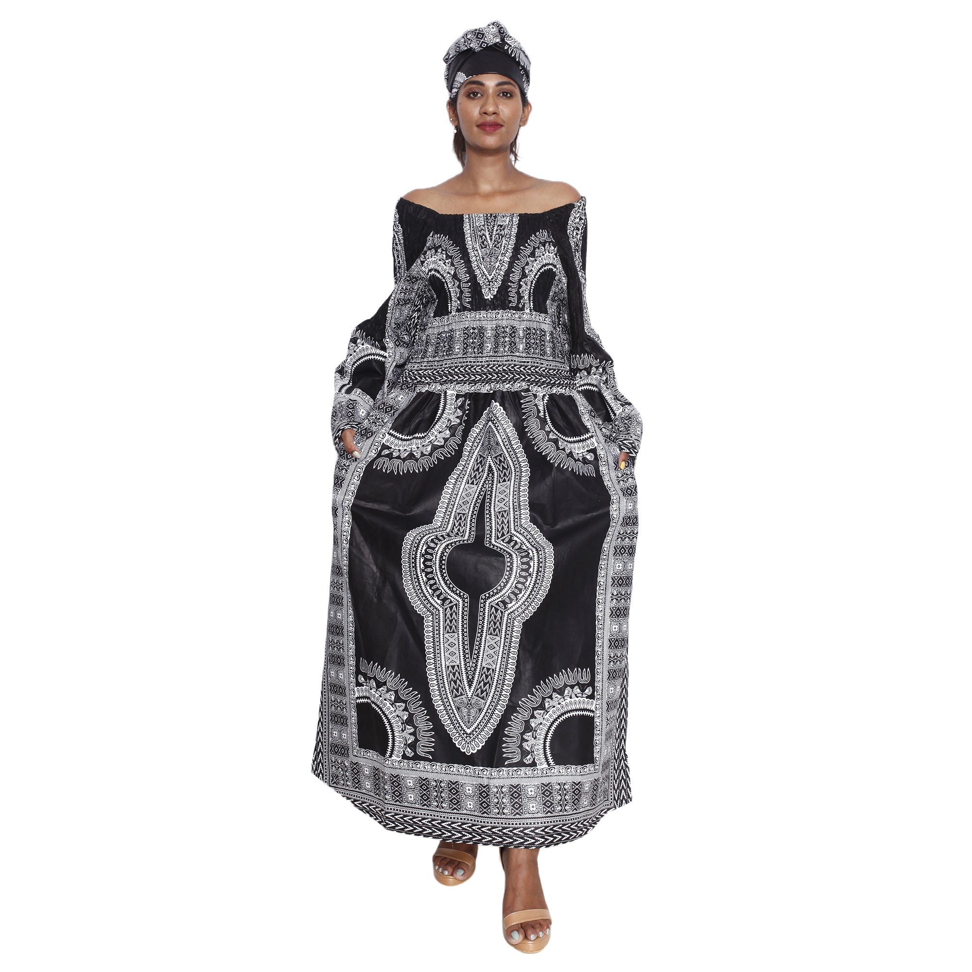 African Women's Dashiki Long Sleeve Maxi Dress with Smocking -- FI-5007FS
