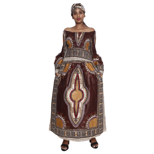 African Women's Dashiki Long Sleeve Maxi Dress with Smocking -- FI-5007FS
