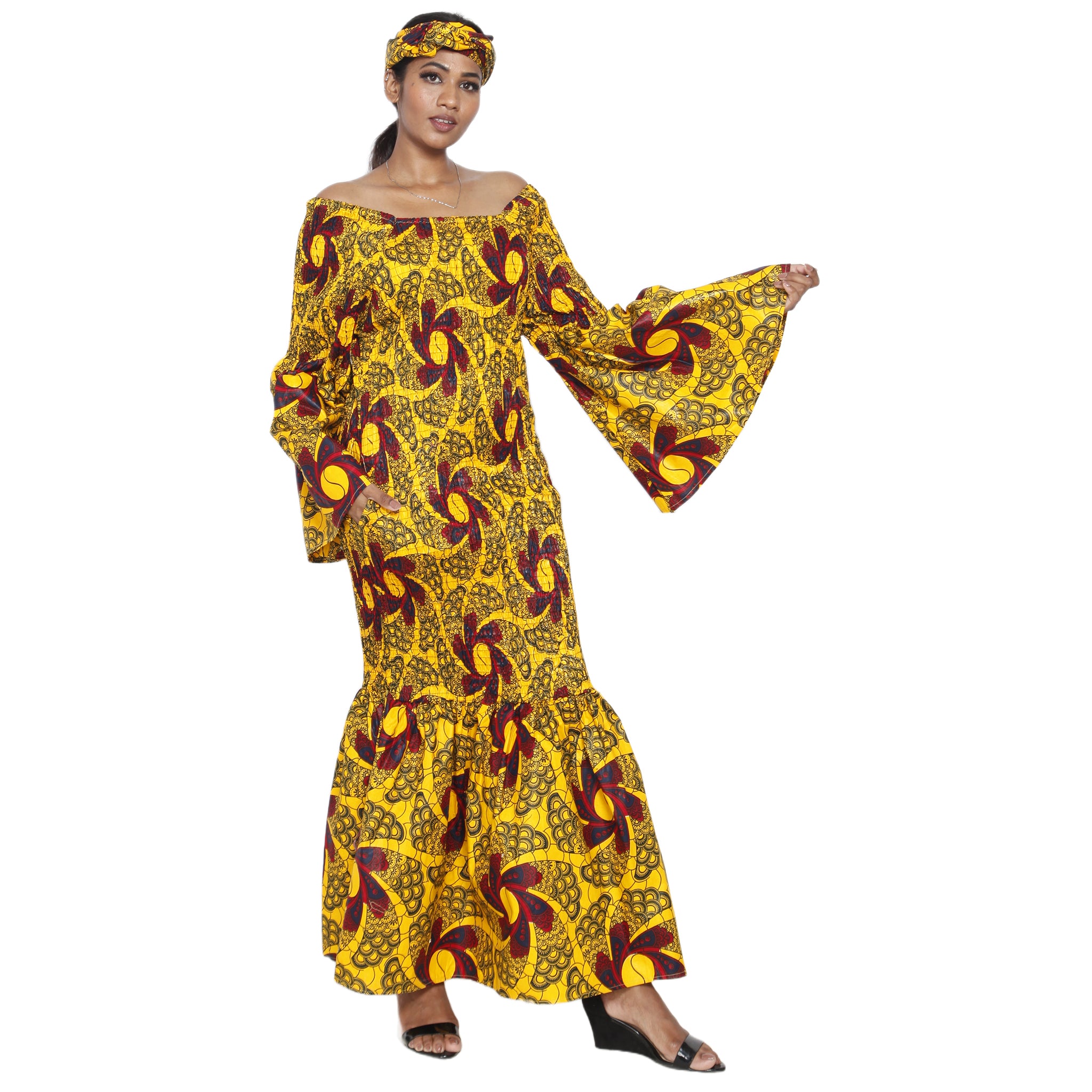 Women's Off Shoulder Smocking Mermaid Maxi yellow/red/black