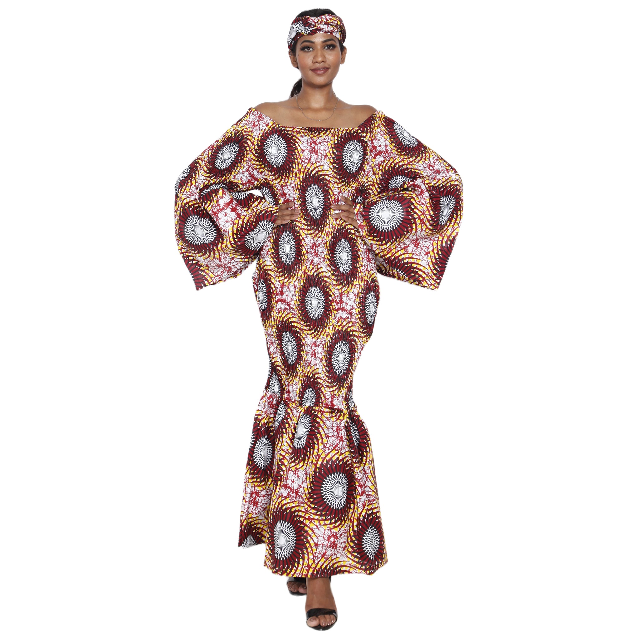 Women's Off Shoulder Smocking Mermaid Maxi brown/white/black