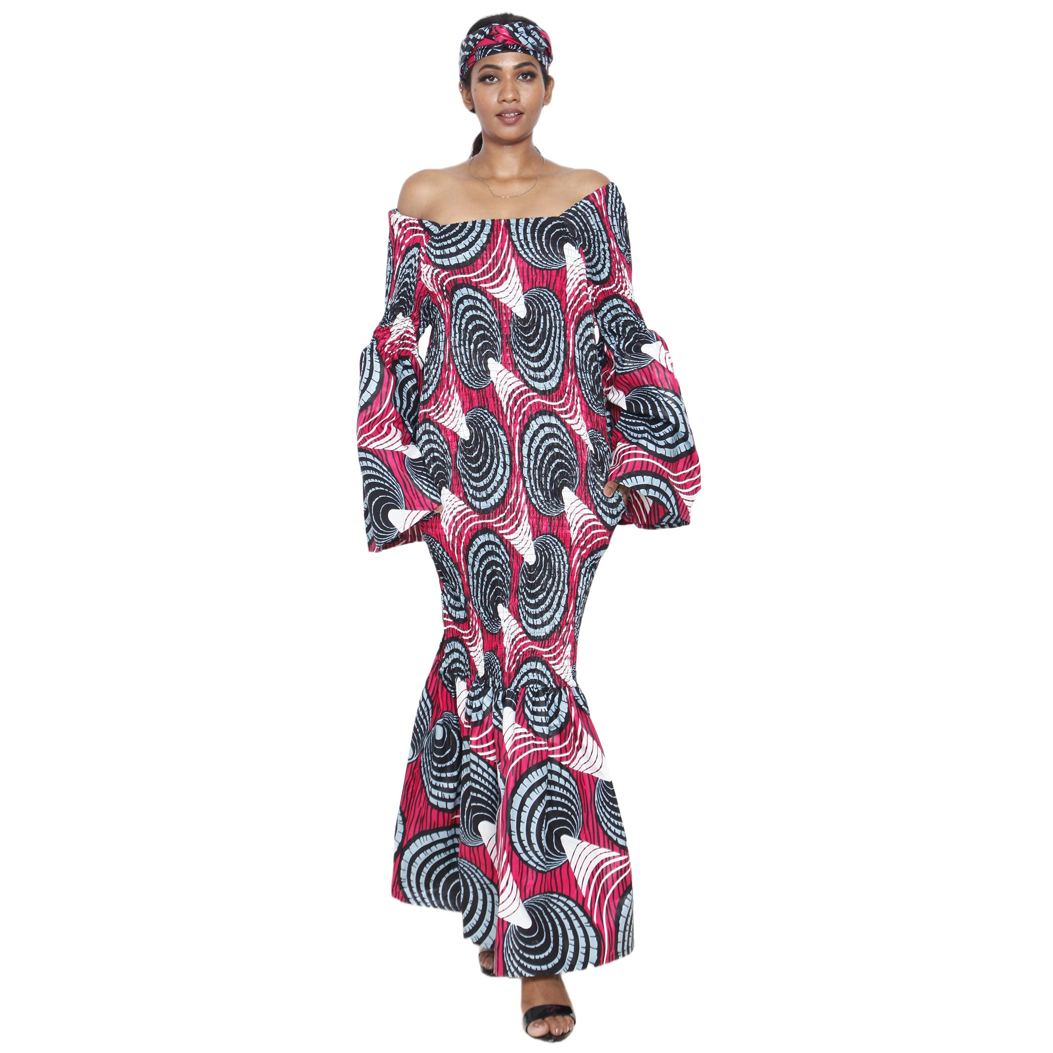 Women's Off Shoulder Smocking Mermaid Maxi pink/white/black