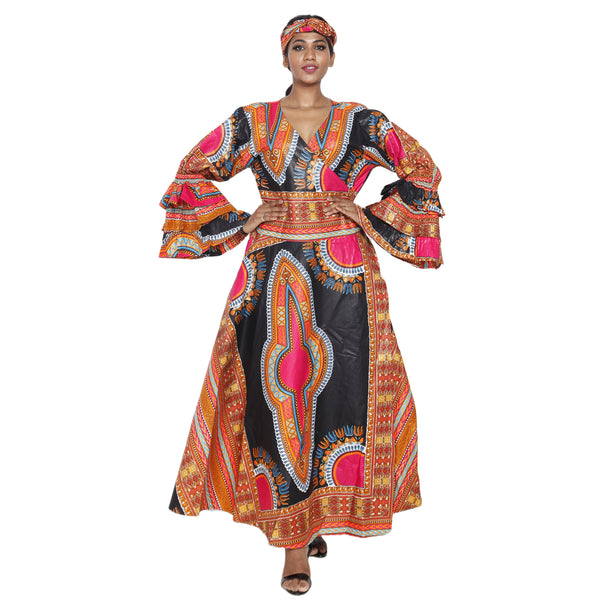 Women's Dashiki Ruffle Sleeve Maxi Wrap Dress