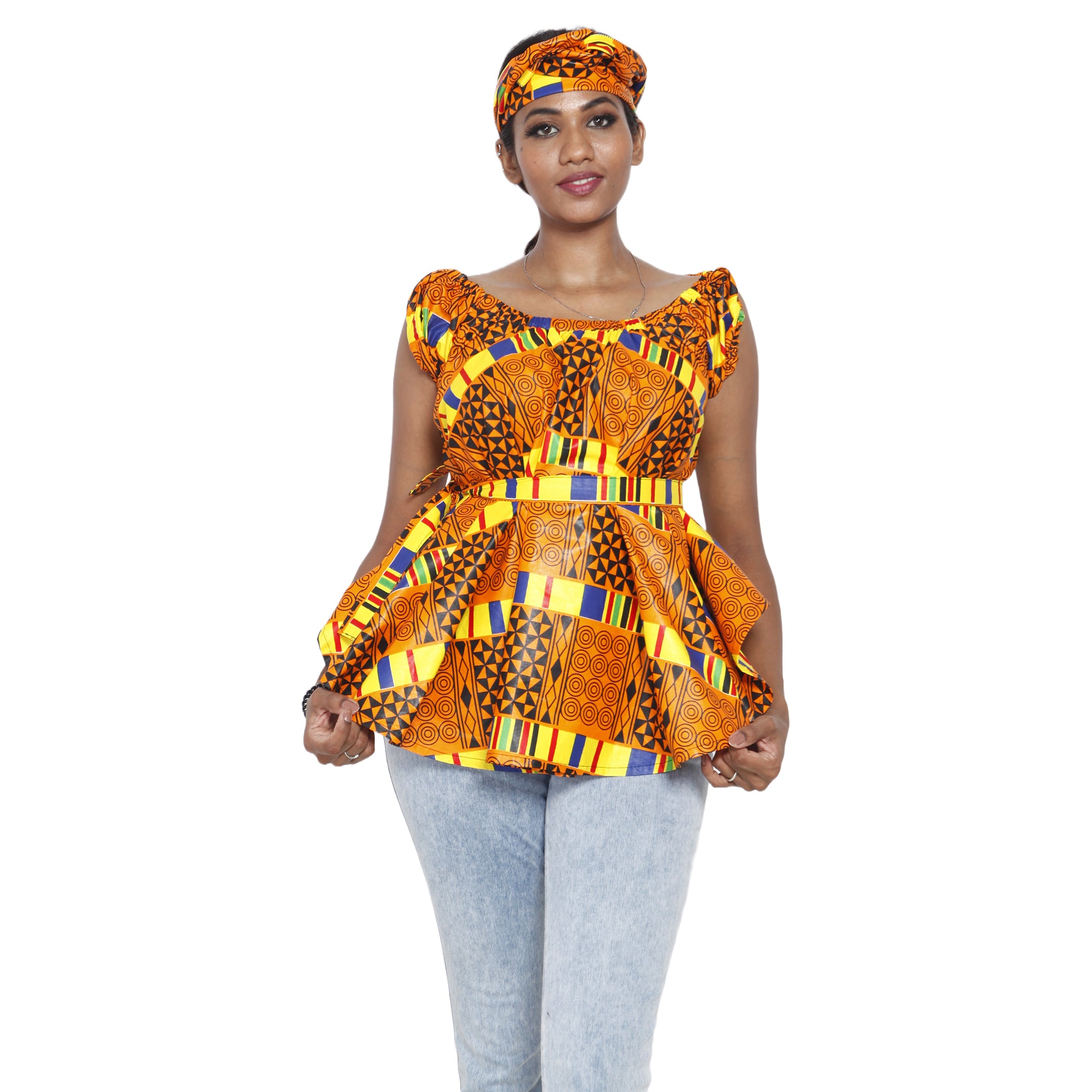 Women's African Printed Short Sleeve Peplum Top FI-2033