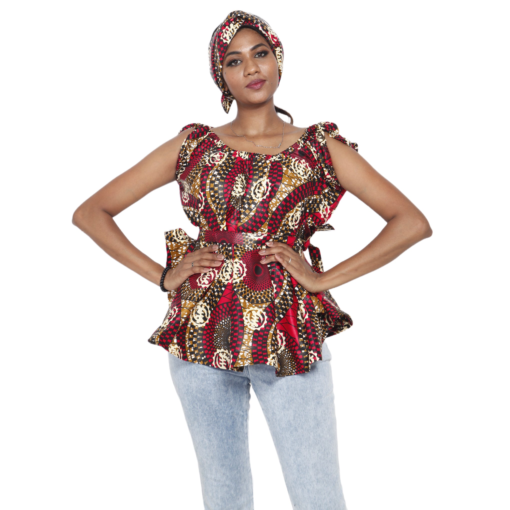 Women's African Printed Short Sleeve Peplum Top FI-2033