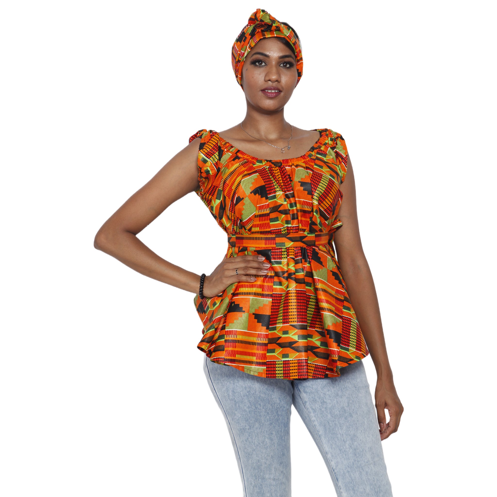 Women's African Printed Short Sleeve Peplum Top FI-2033