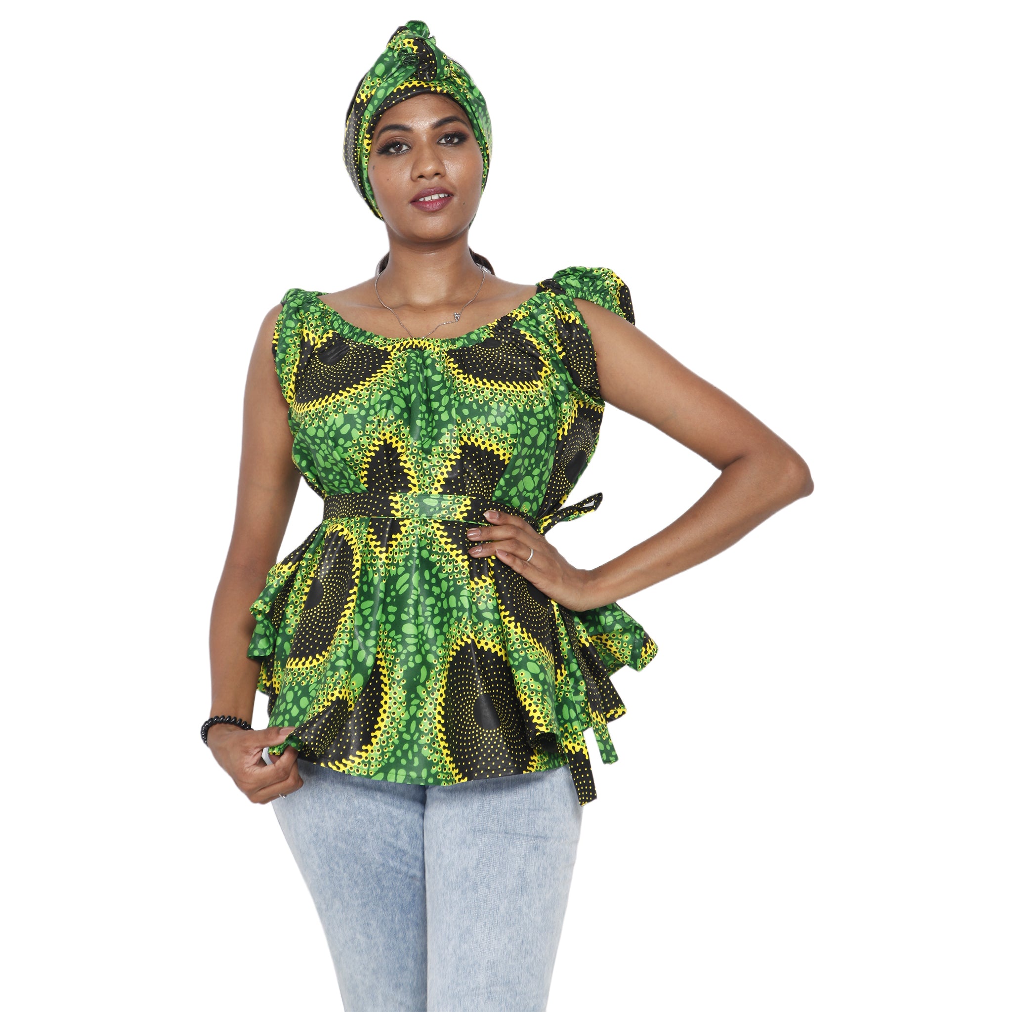 Women's African Printed Short Sleeve Peplum Top FI-2033