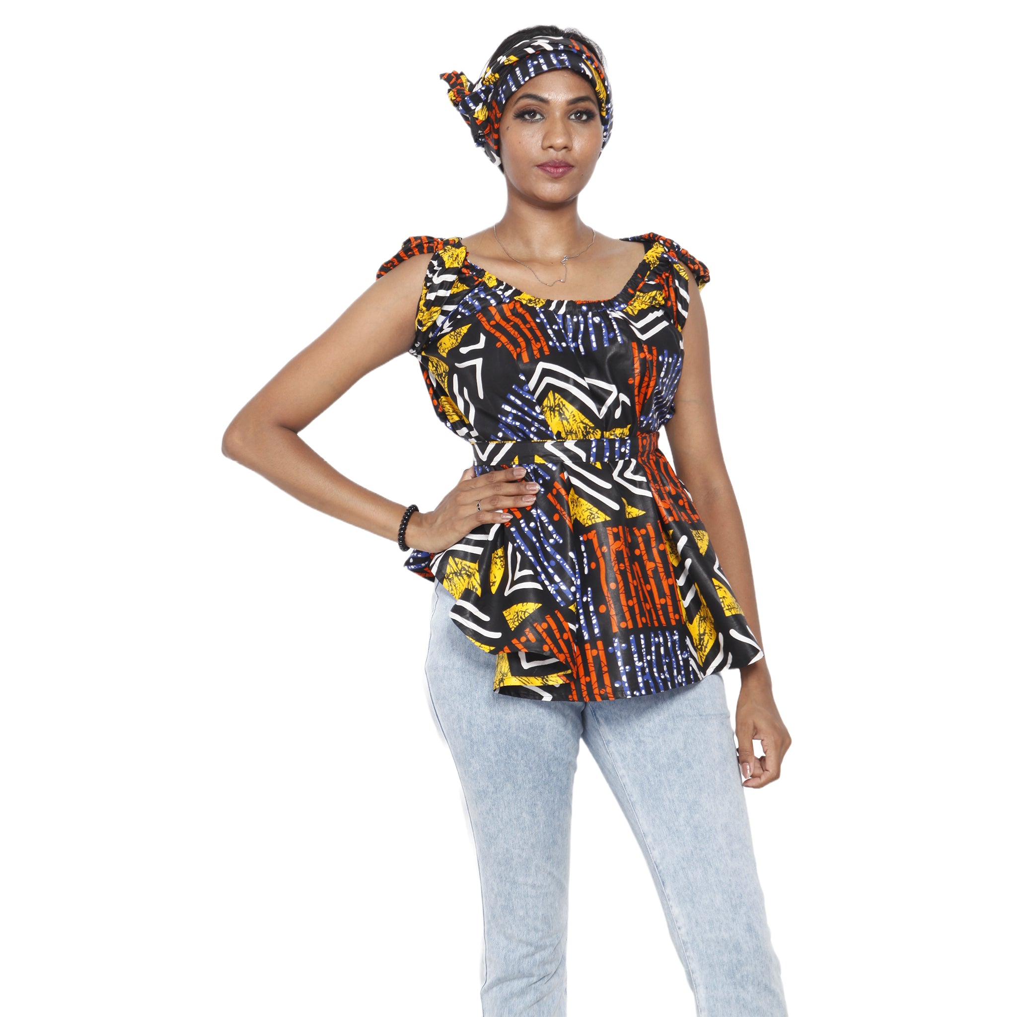 Women's African Printed Short Sleeve Peplum Top FI-2033