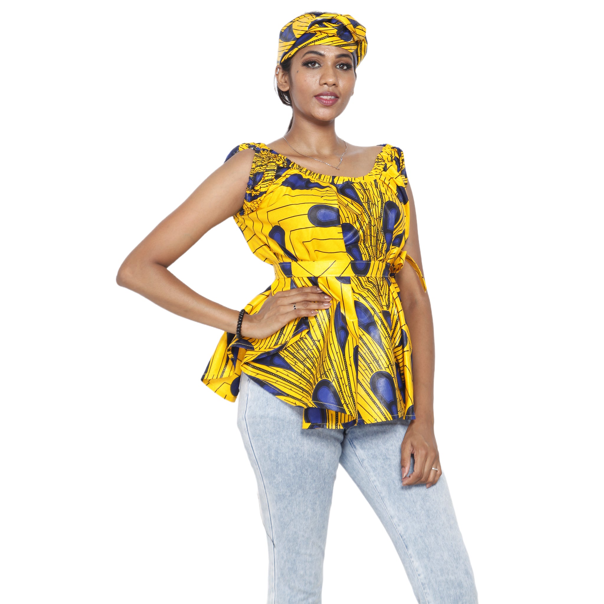 Women's African Printed Short Sleeve Peplum Top FI-2033