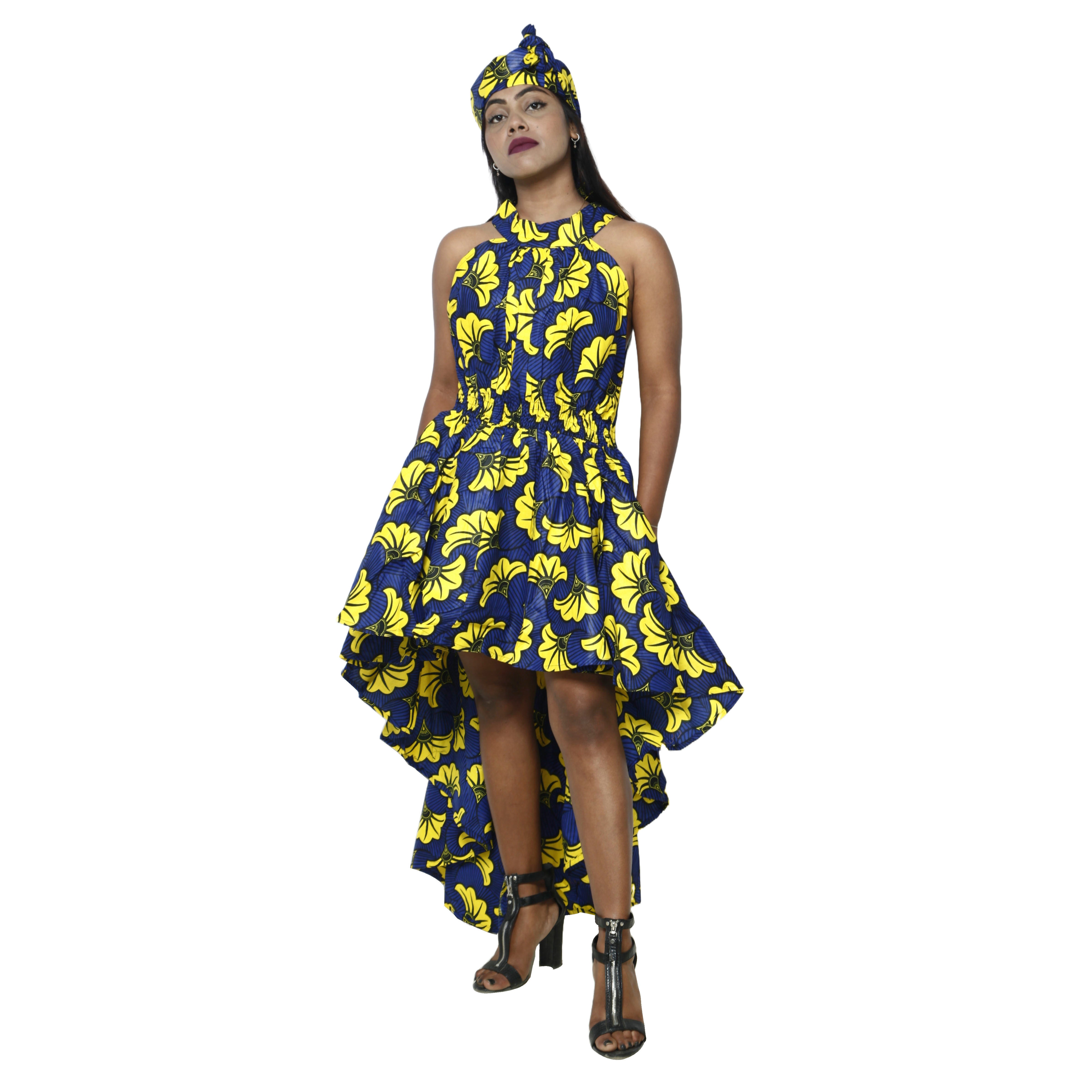 Women's Halter Neck Hi-Low Dress - African StarsWomen's Halter Neck Hi-Low Dress  navy blue and yellow
