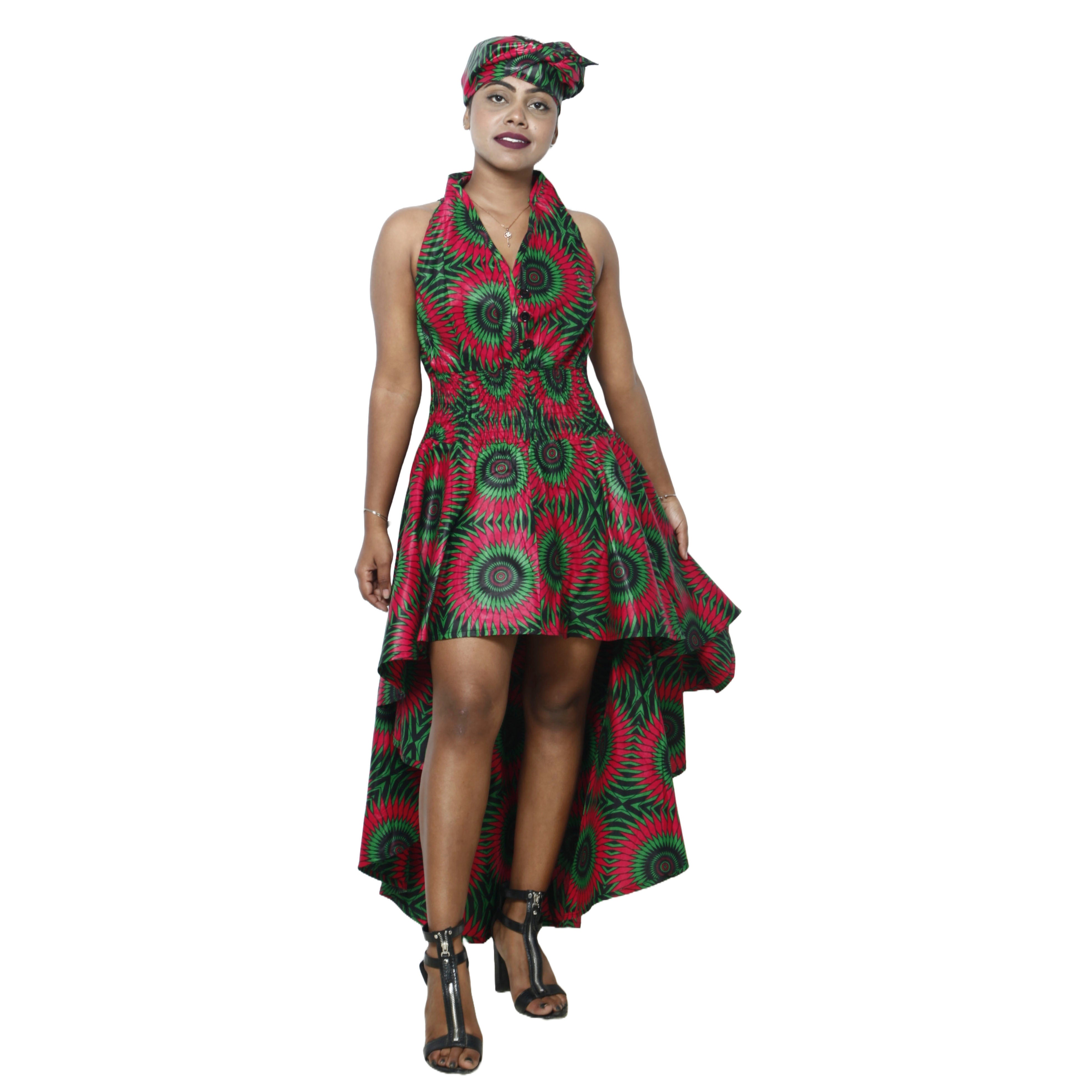 Women's Halter Hi-Low Dress with Buttons red, green and black
