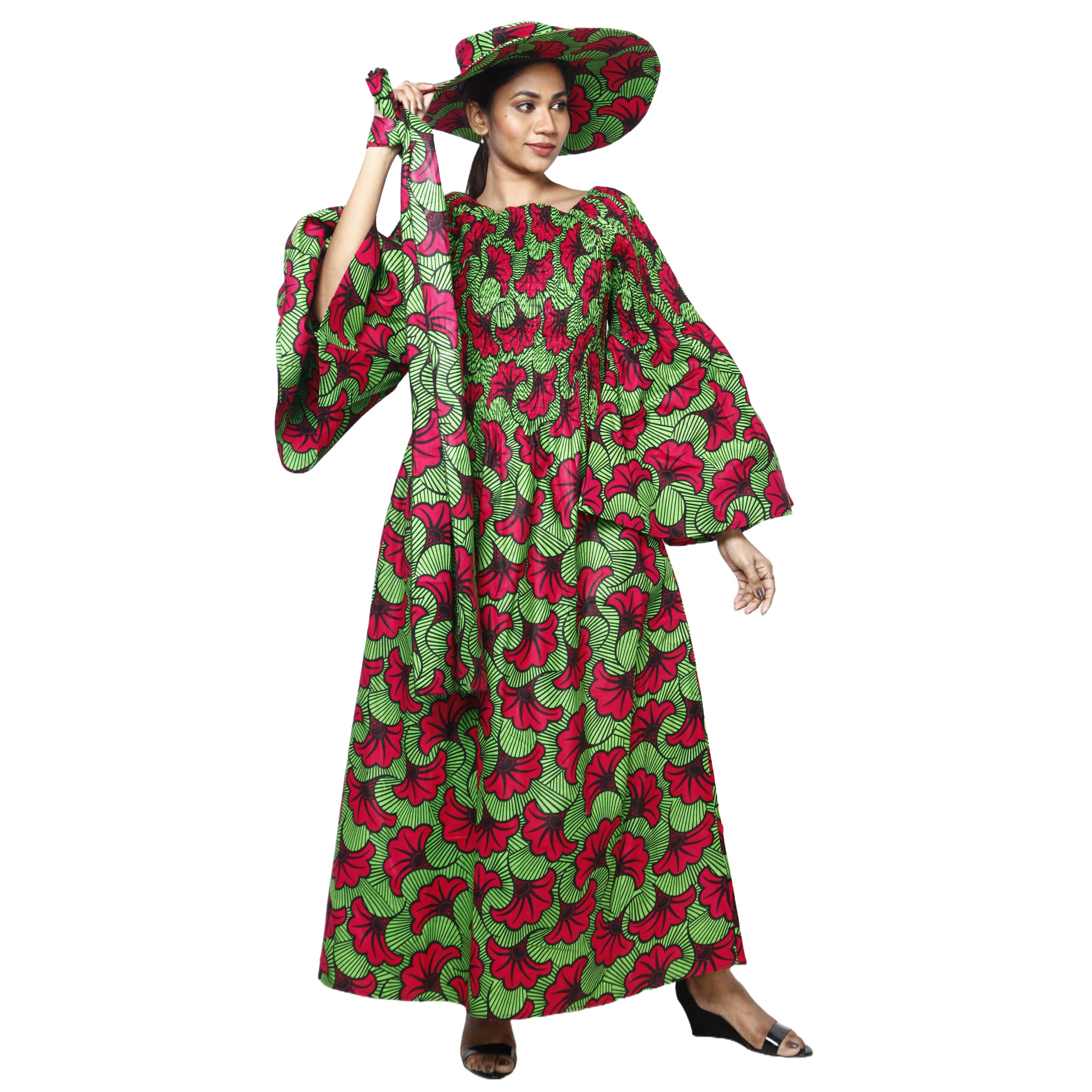 Women's Off Shoulder Smocking Maxi Dress with HAT -- FI-50072 WITH HAT