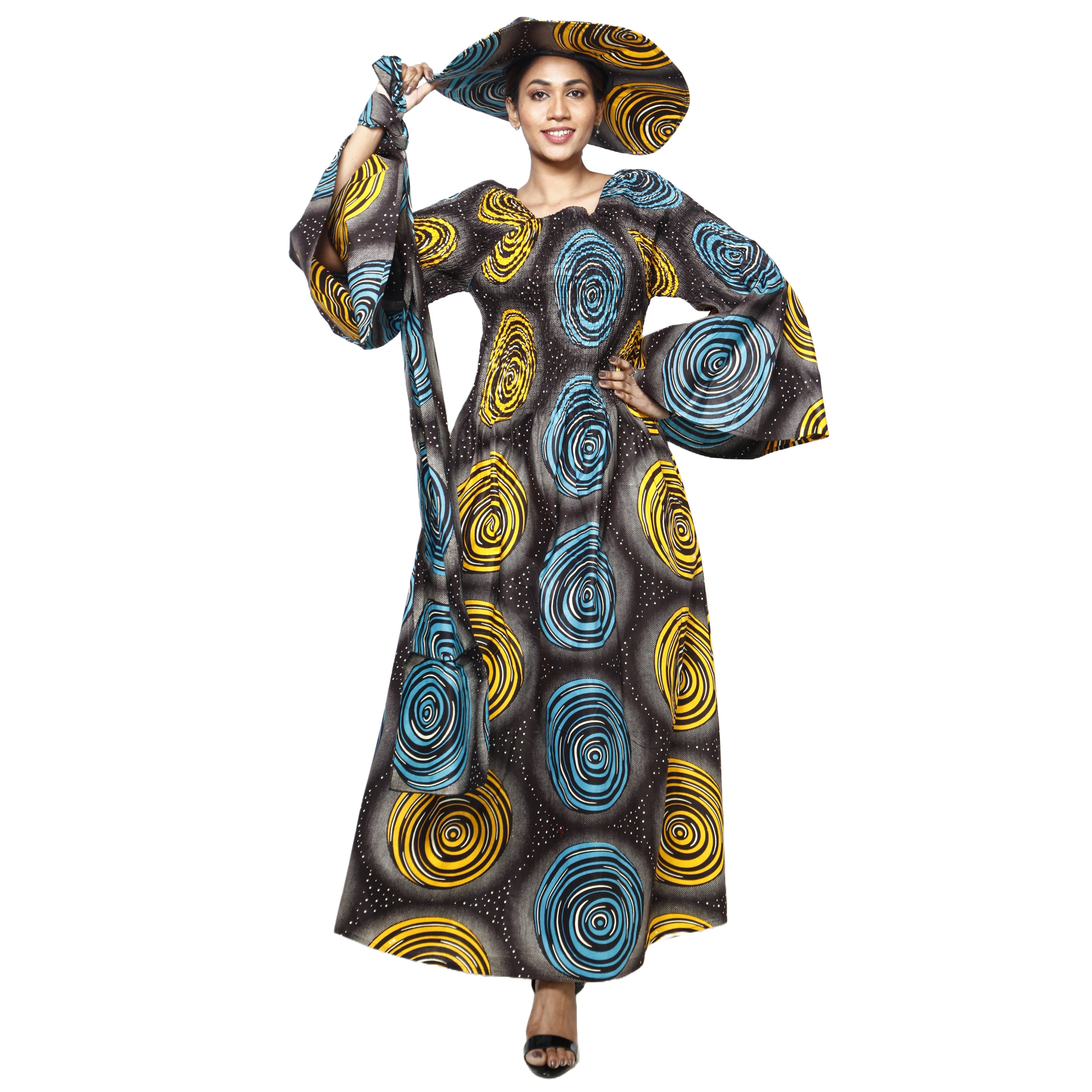 Women's Off Shoulder Smocking Maxi Dress with HAT black, yellow and blue