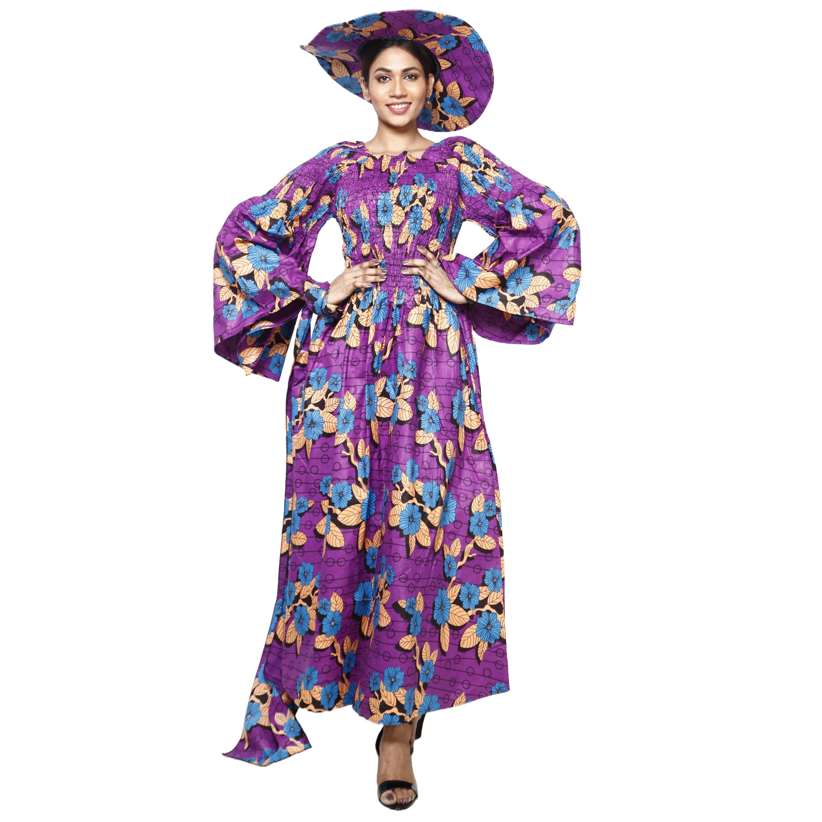 Women's Off Shoulder Smocking Maxi Dress with HAT purple and blue
