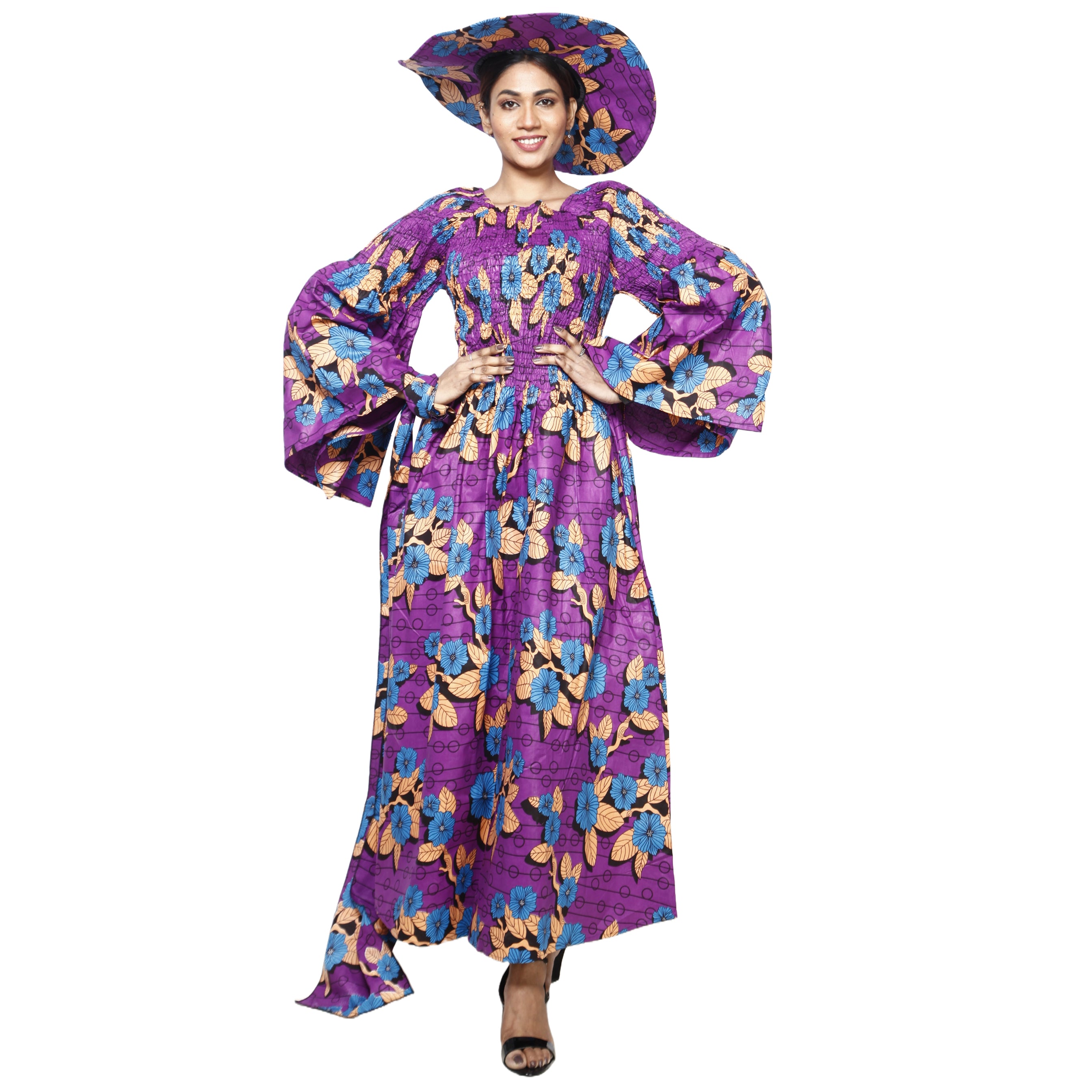 Women's Off Shoulder Smocking Maxi Dress with HAT -- FI-50072 WITH HAT