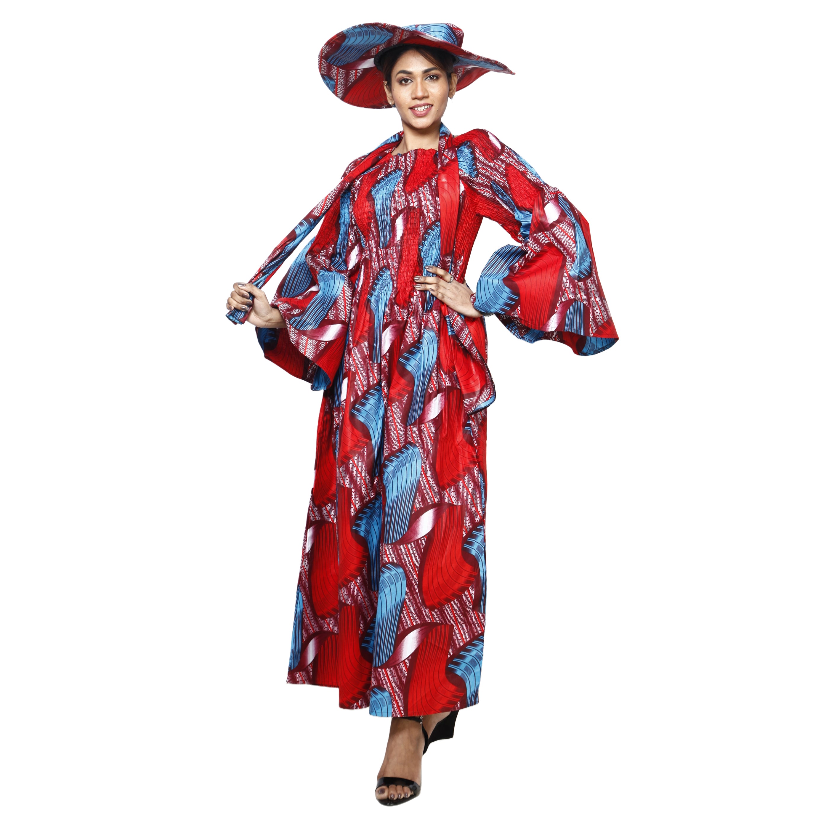 Women's Off Shoulder Smocking Maxi Dress with HAT red and blue