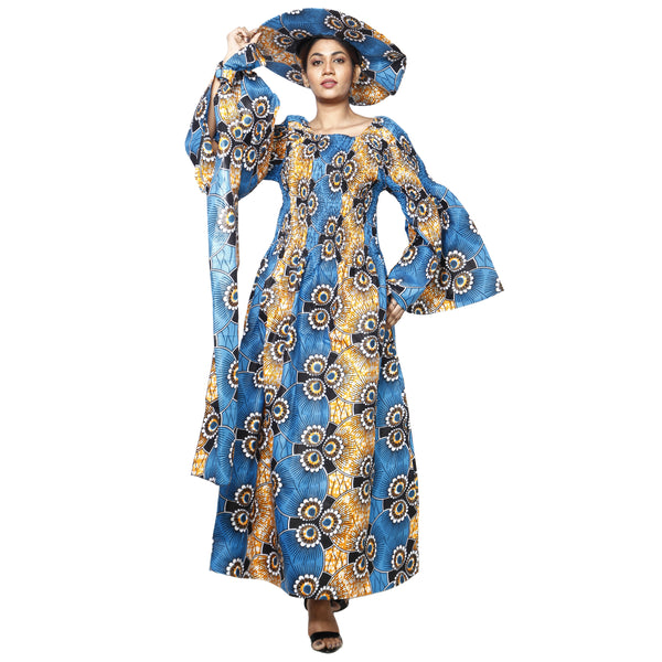 Women's Off Shoulder Smocking Maxi Dress with HAT blue and yellow 