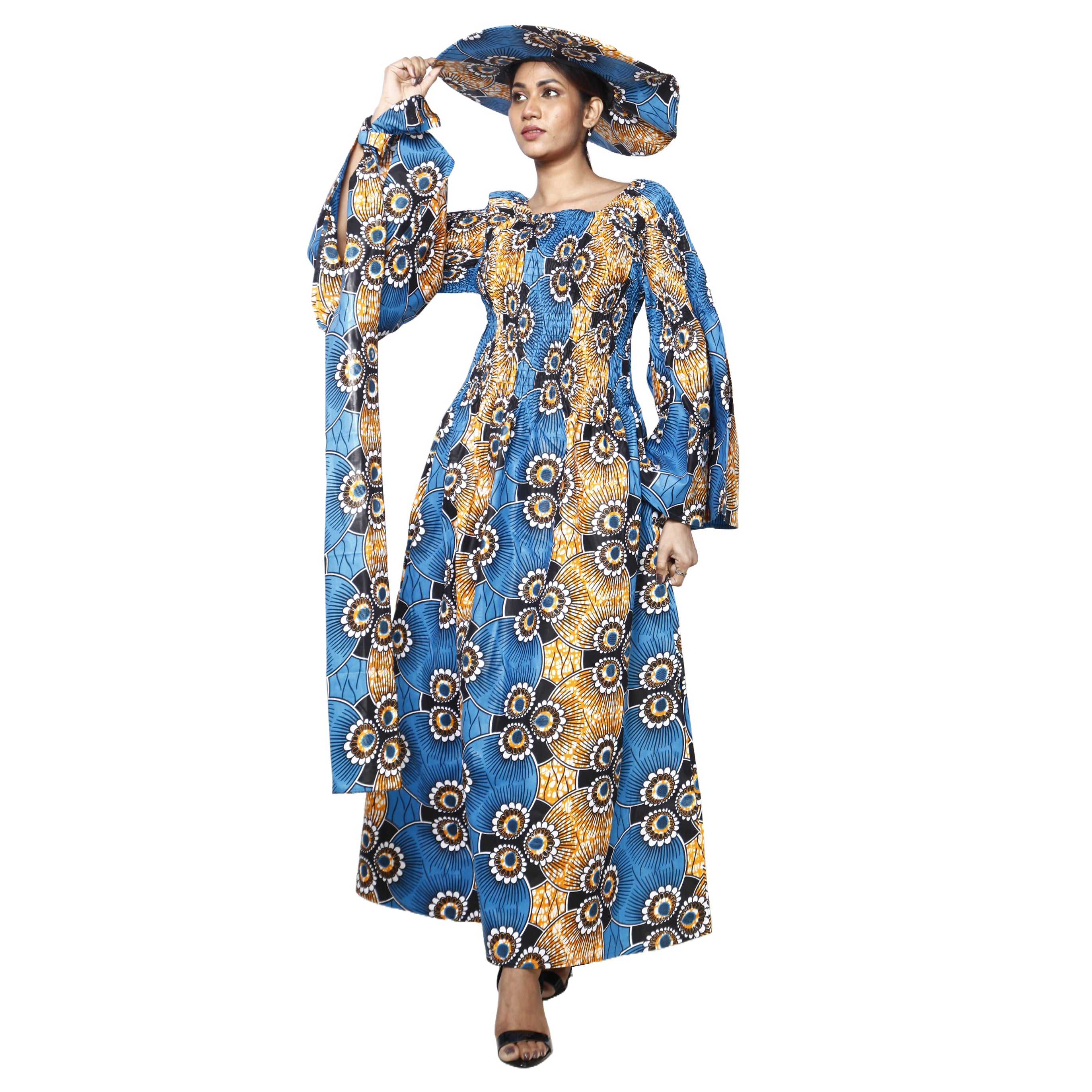 Women's Off Shoulder Smocking Maxi Dress with HAT -- FI-50072 WITH HAT