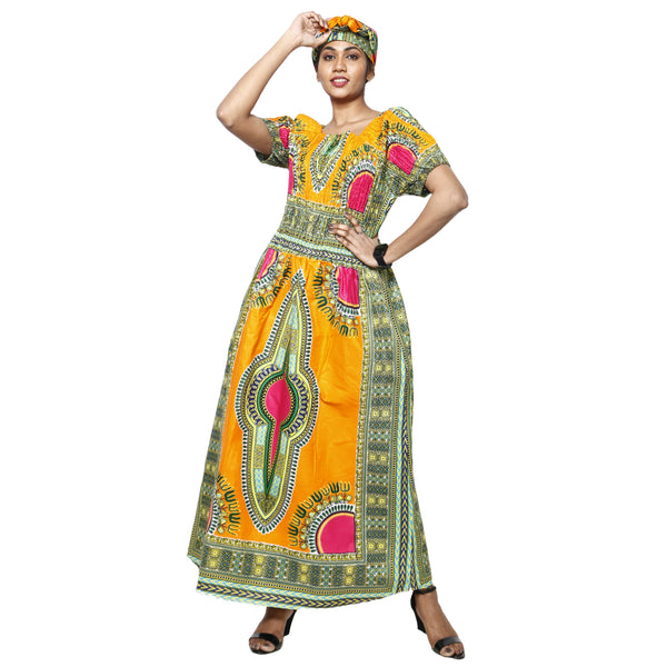 Women's Dashiki Smocking Short Sleeve Maxi Dress yellow , red multicolor contrast