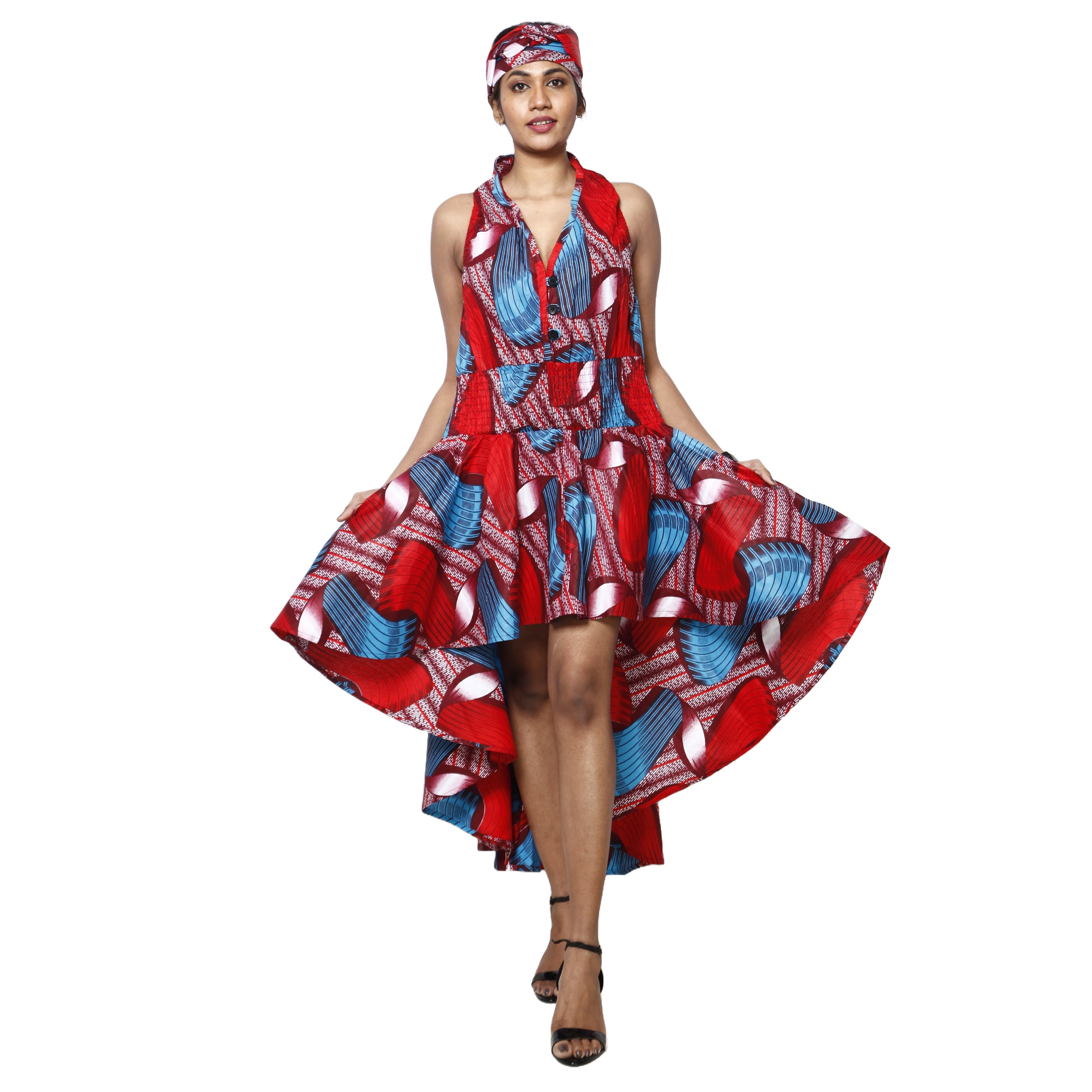 Women's Halter Hi-Low Dress with Buttons red multicolor contrast