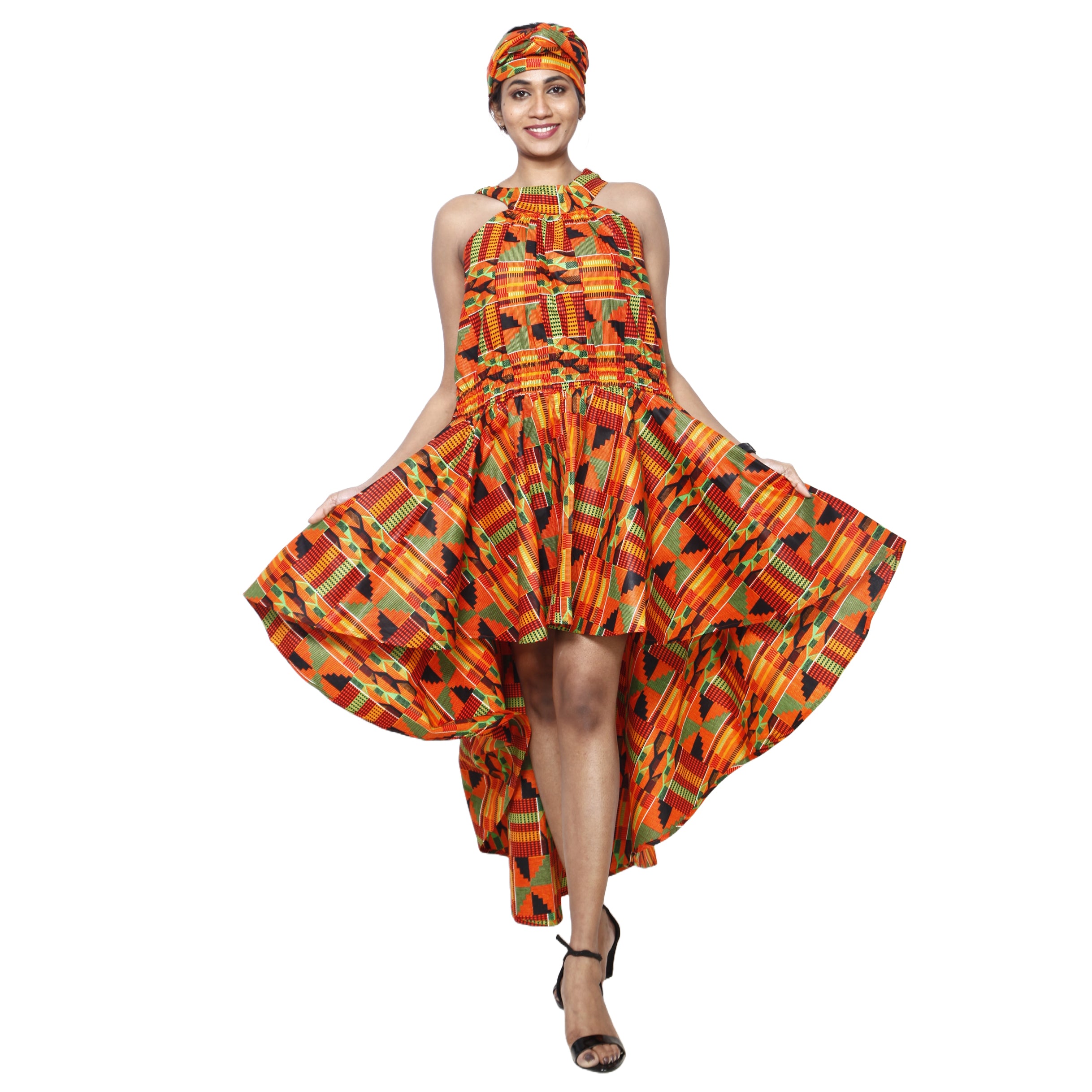 Women's Halter Neck Hi-Low Dress   orange and black contrast\