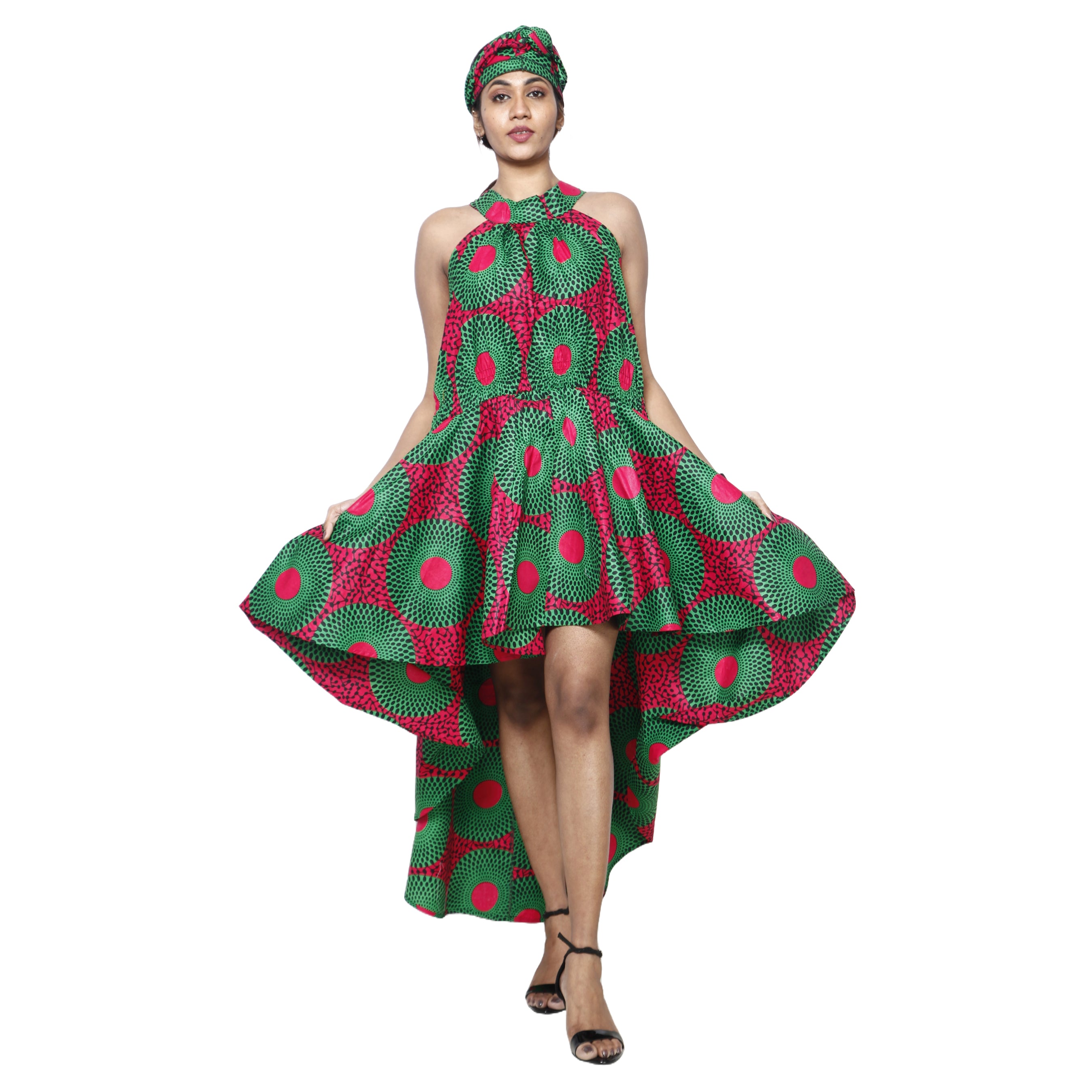 Women's Halter Neck Hi-Low Dress  red and green 