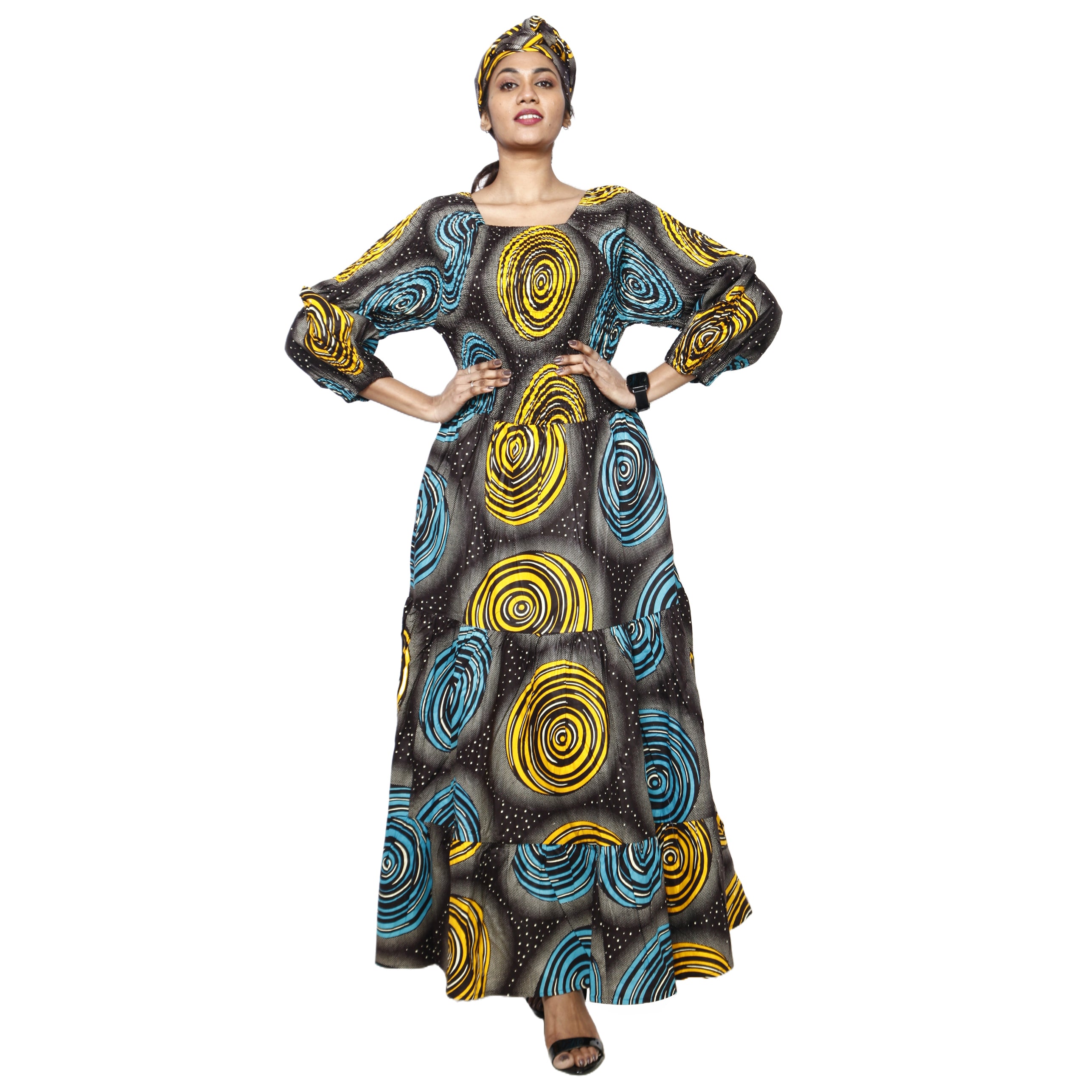 Women's Smocking Long Sleeve Maxi Dress blue, yellow and black