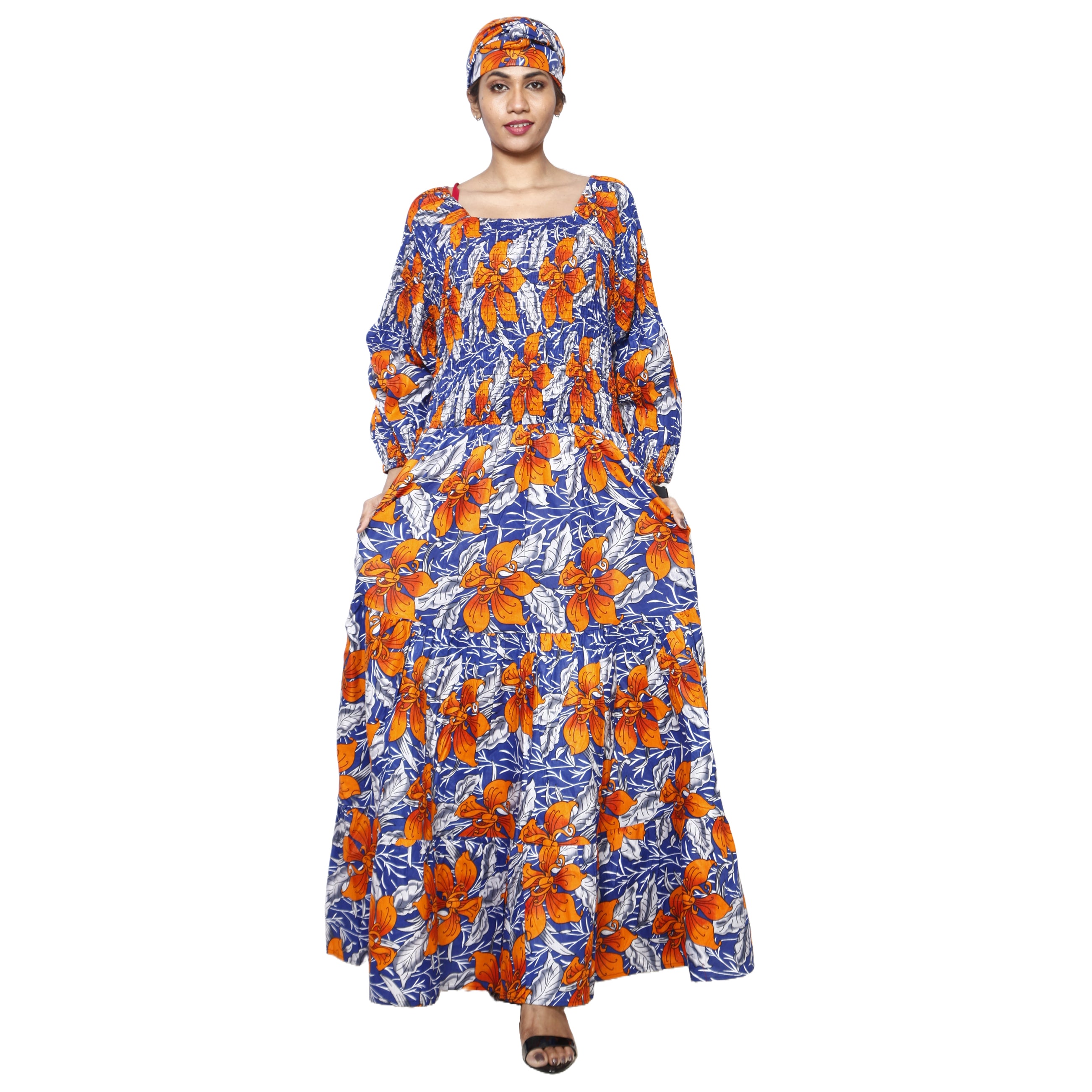 Women's Smocking Long Sleeve Maxi Dress orange, blue and white
